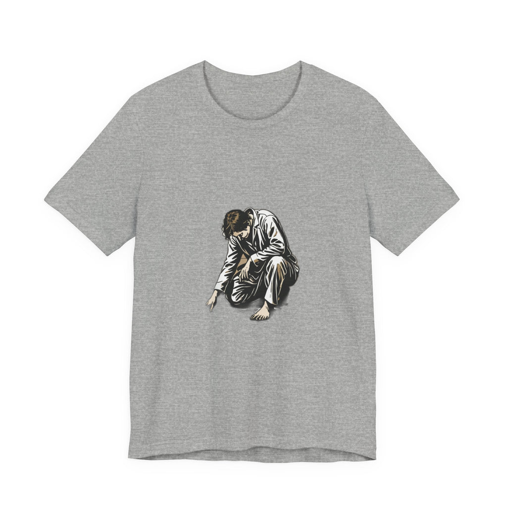 Jesus Writing in the Dust Graphic T-Shirt - Artistic Biblical John 8:7 Sketch Tee - Contemplative Christian Gift for Men and Women