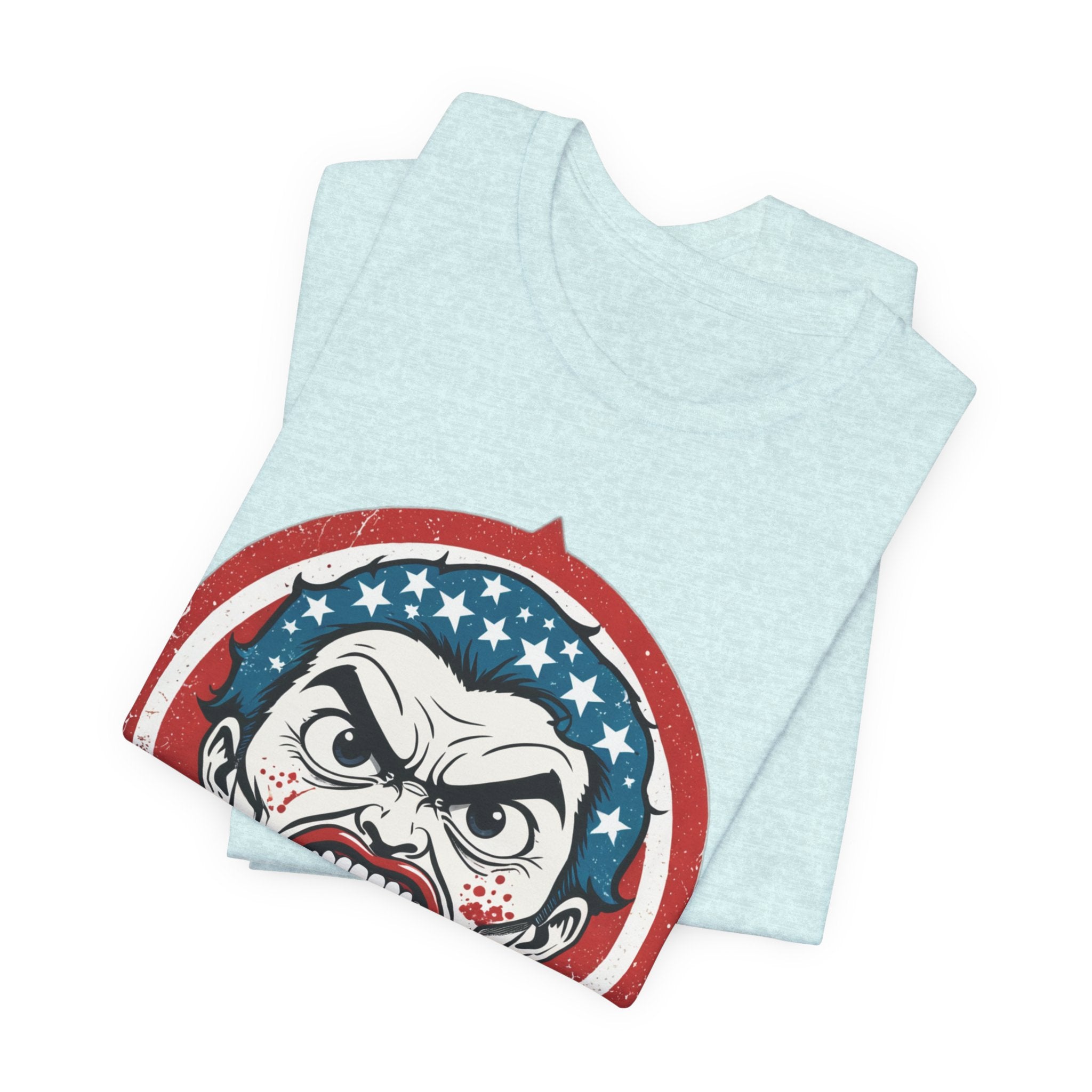 Furious American Patriot T-Shirt - Edgy Comic Style Graphic Tee - Bold Vintage Red White & Blue Design