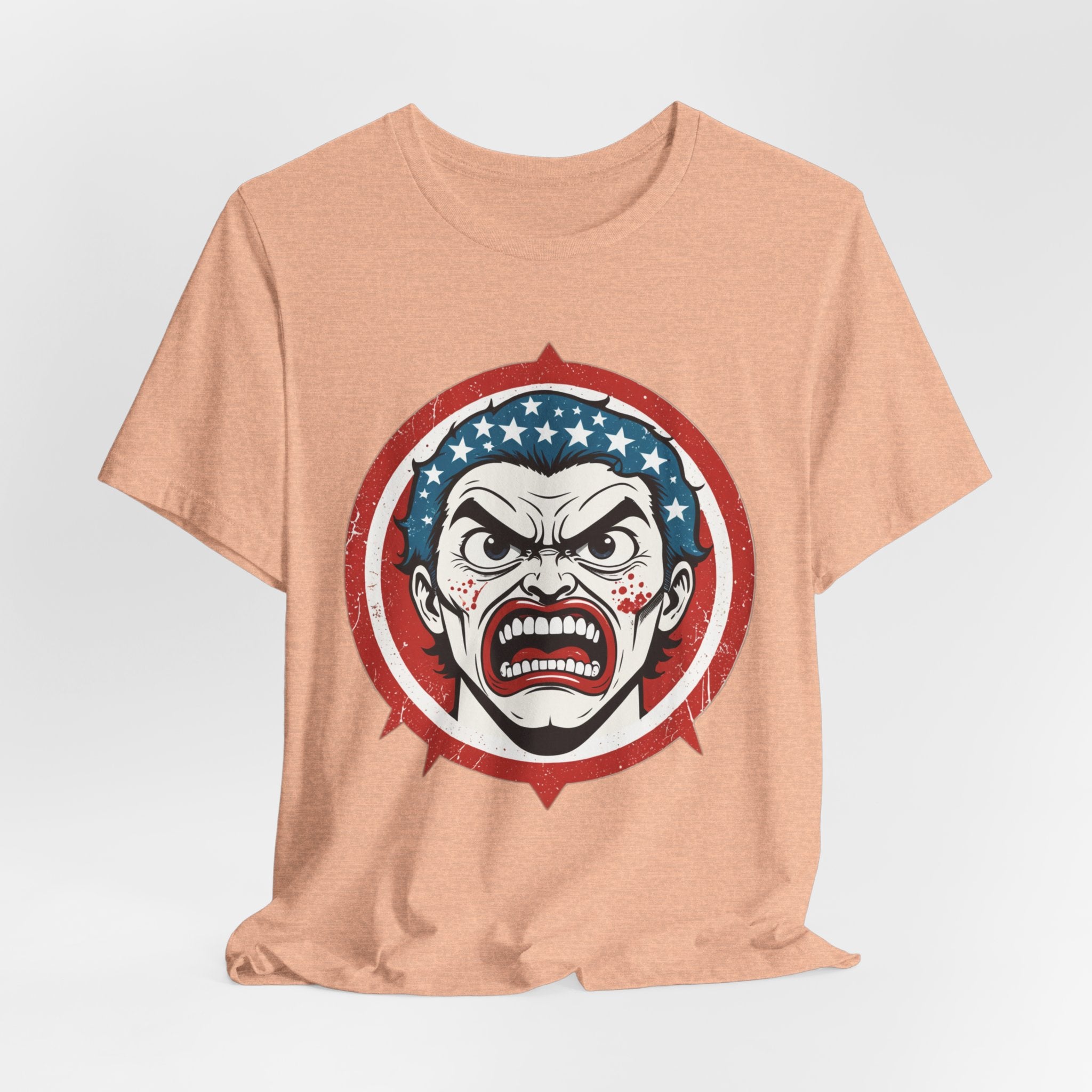 Furious American Patriot T-Shirt - Edgy Comic Style Graphic Tee - Bold Vintage Red White & Blue Design