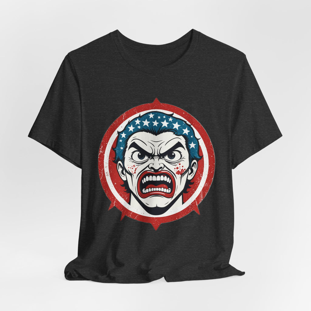 Furious American Patriot T-Shirt - Edgy Comic Style Graphic Tee - Bold Vintage Red White & Blue Design