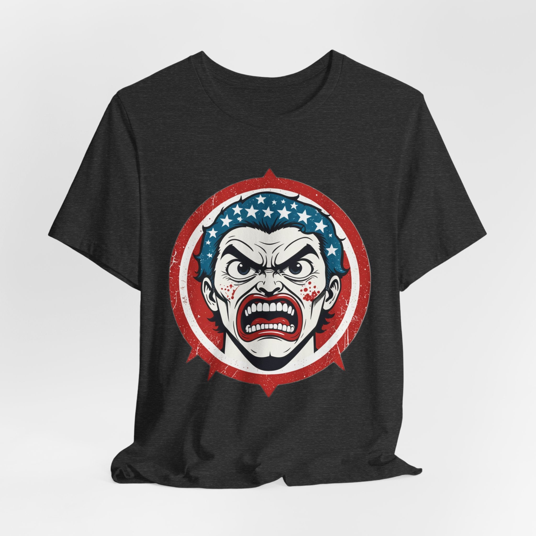 Furious American Patriot T-Shirt - Edgy Comic Style Graphic Tee - Bold Vintage Red White & Blue Design