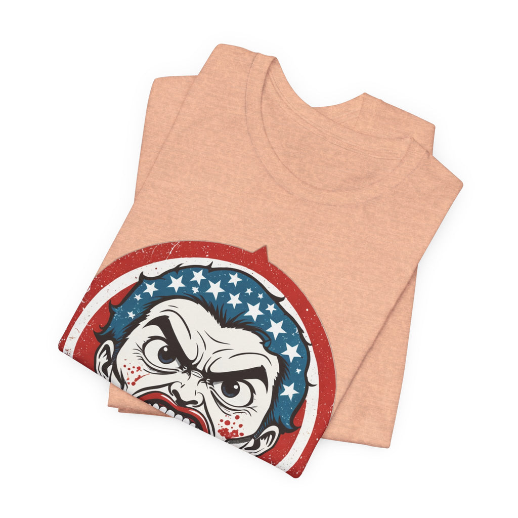 Furious American Patriot T-Shirt - Edgy Comic Style Graphic Tee - Bold Vintage Red White & Blue Design
