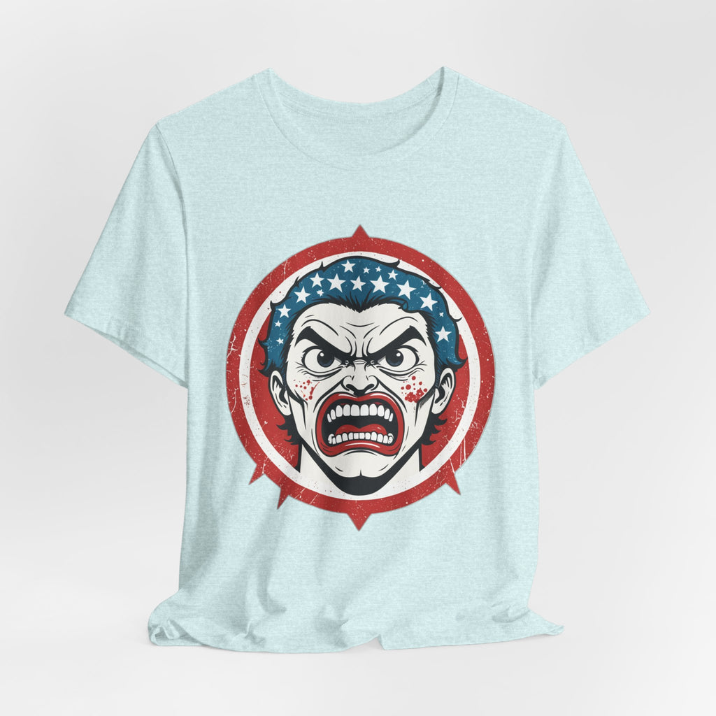 Furious American Patriot T-Shirt - Edgy Comic Style Graphic Tee - Bold Vintage Red White & Blue Design