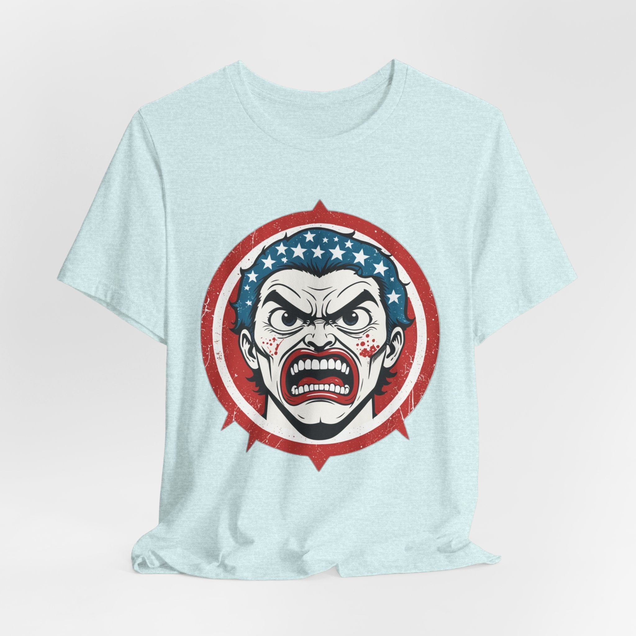 Furious American Patriot T-Shirt - Edgy Comic Style Graphic Tee - Bold Vintage Red White & Blue Design