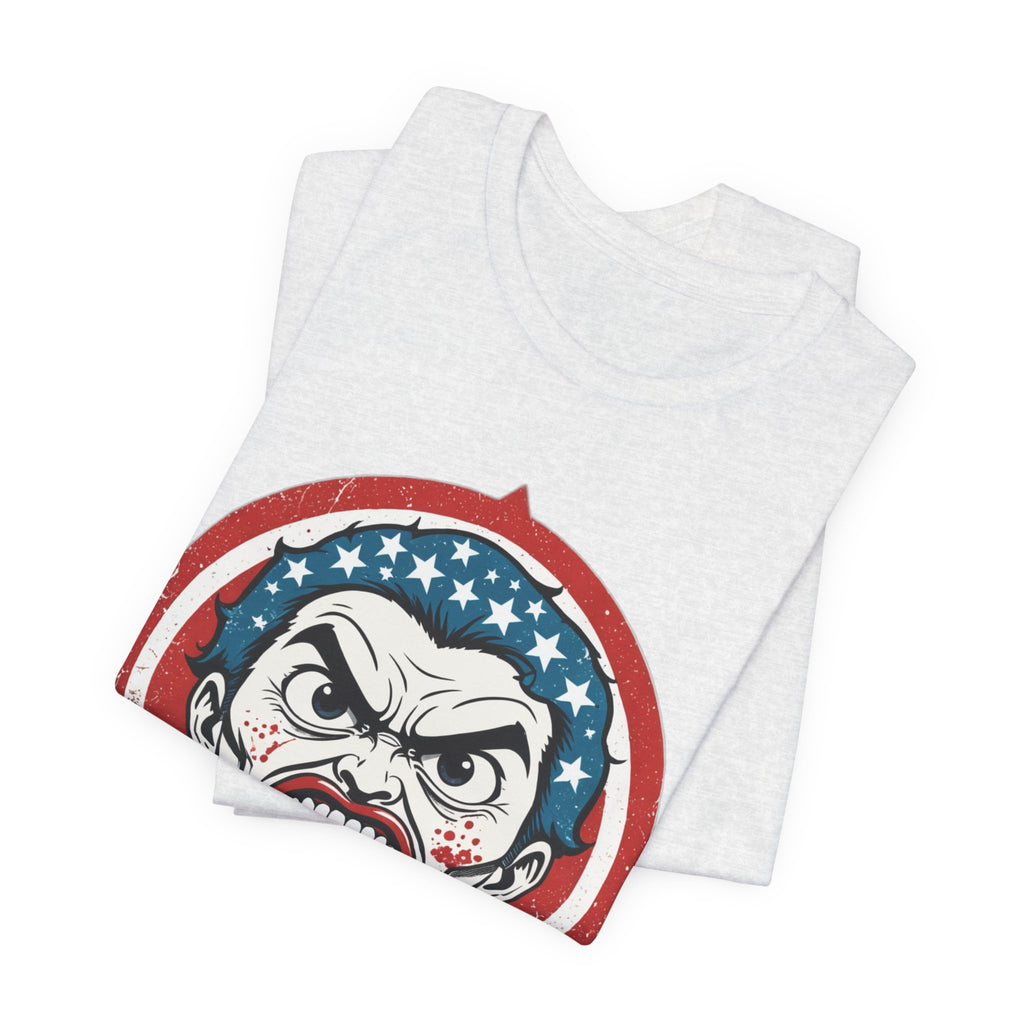 Furious American Patriot T-Shirt - Edgy Comic Style Graphic Tee - Bold Vintage Red White & Blue Design