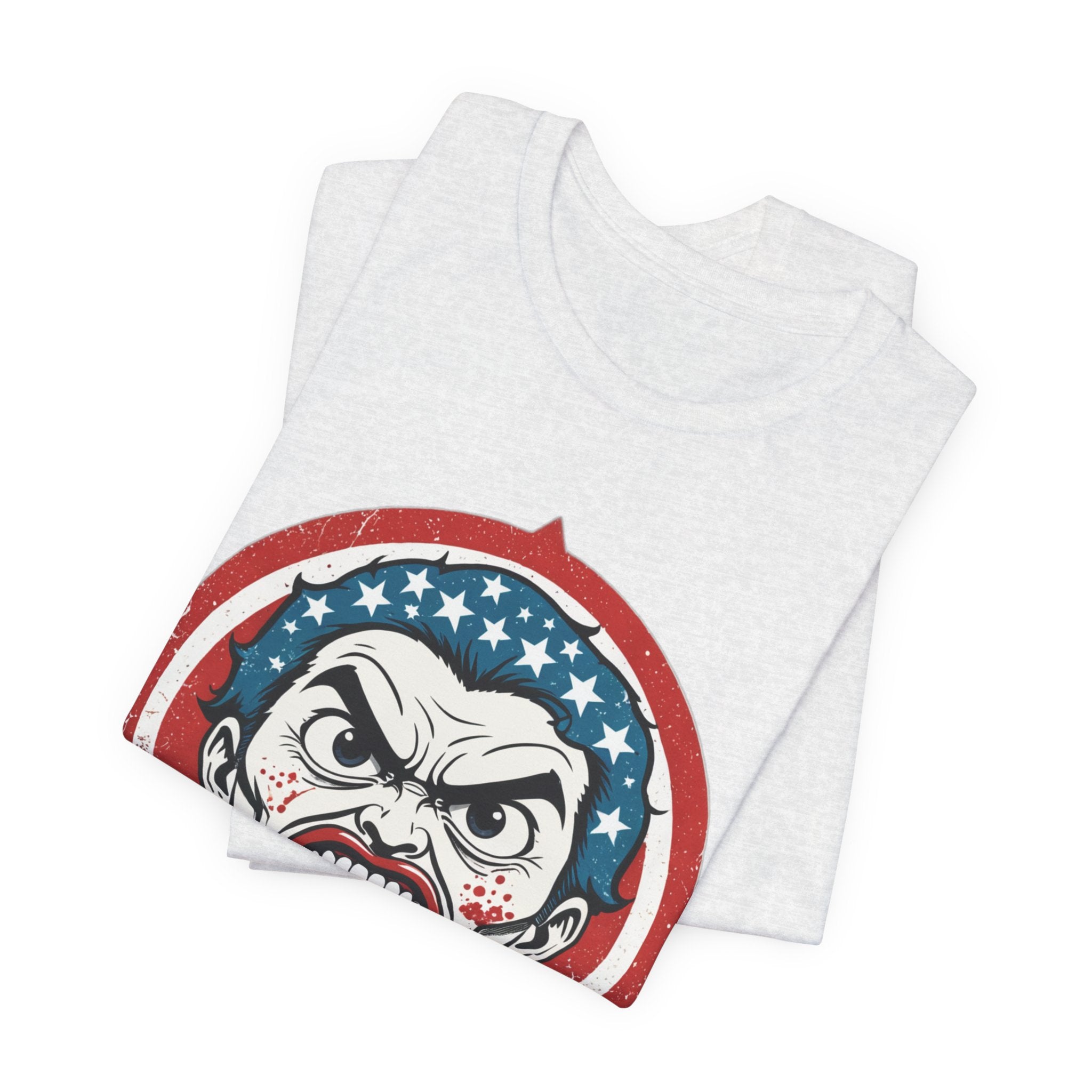 Furious American Patriot T-Shirt - Edgy Comic Style Graphic Tee - Bold Vintage Red White & Blue Design