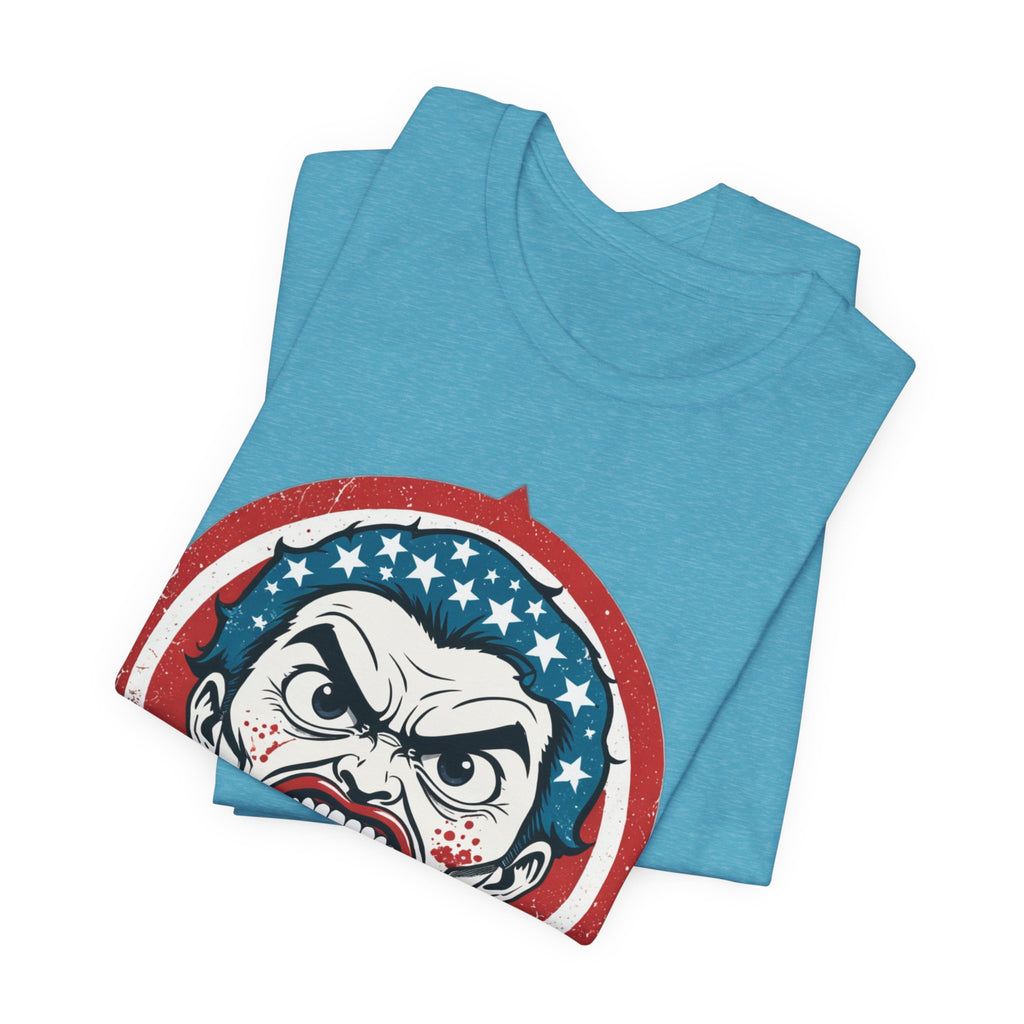 Furious American Patriot T-Shirt - Edgy Comic Style Graphic Tee - Bold Vintage Red White & Blue Design