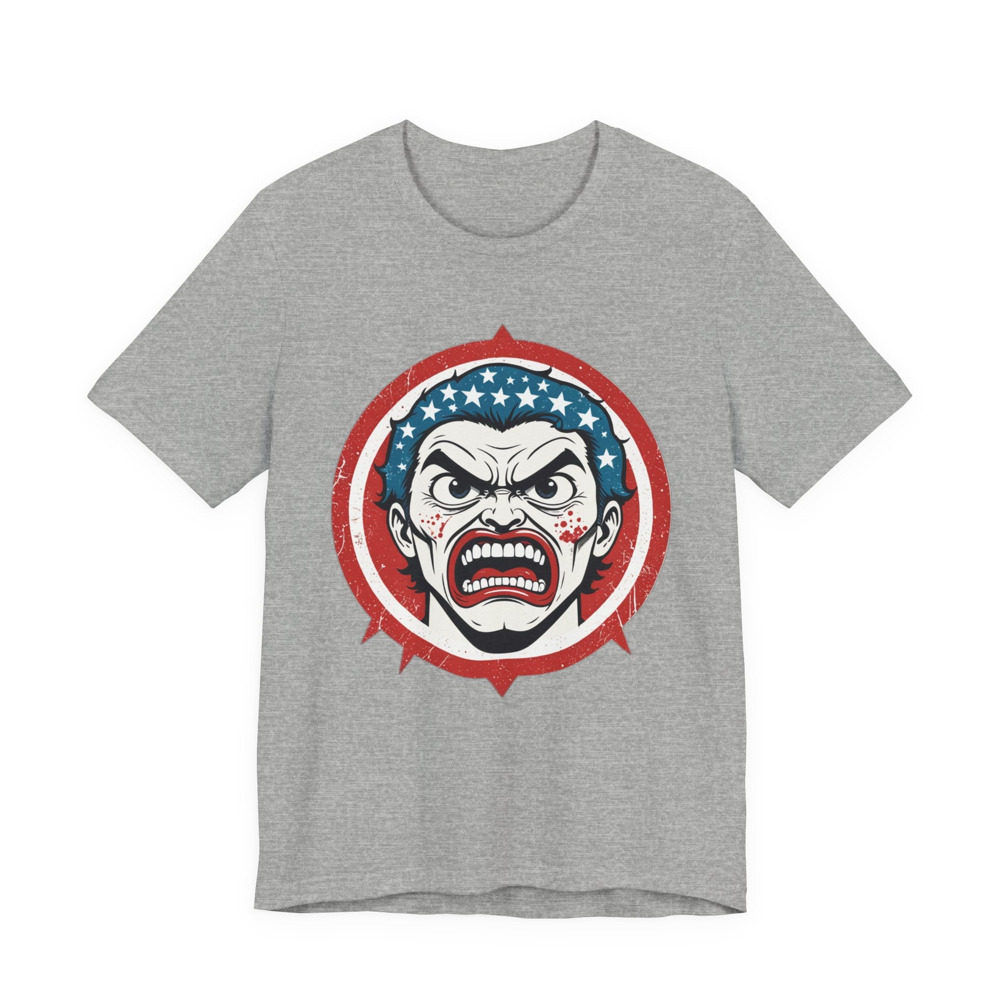 Furious American Patriot T-Shirt - Edgy Comic Style Graphic Tee - Bold Vintage Red White & Blue Design