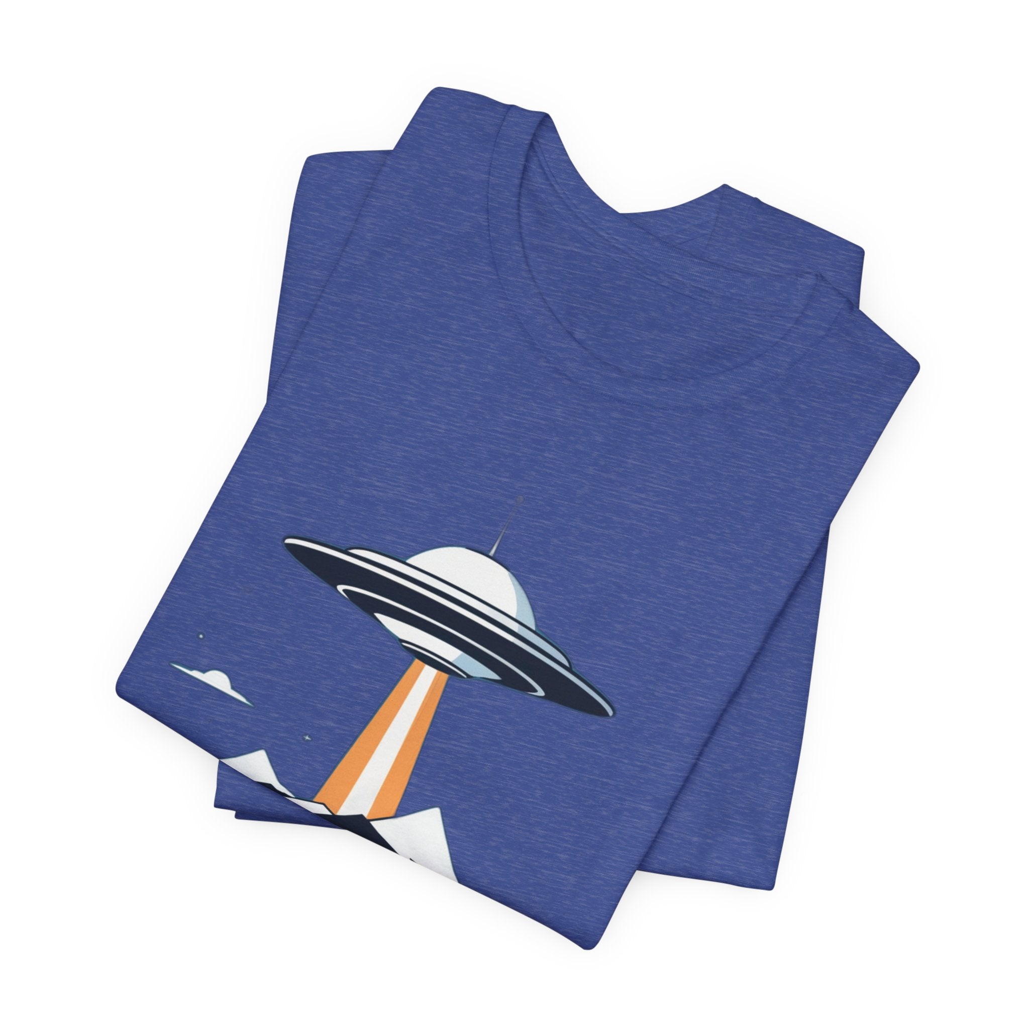 Retro UFO Flying Saucer Mountain T-Shirt - Minimalist Sci-Fi Alien Graphic Tee - Unique Outer Space Gift for Men & Women