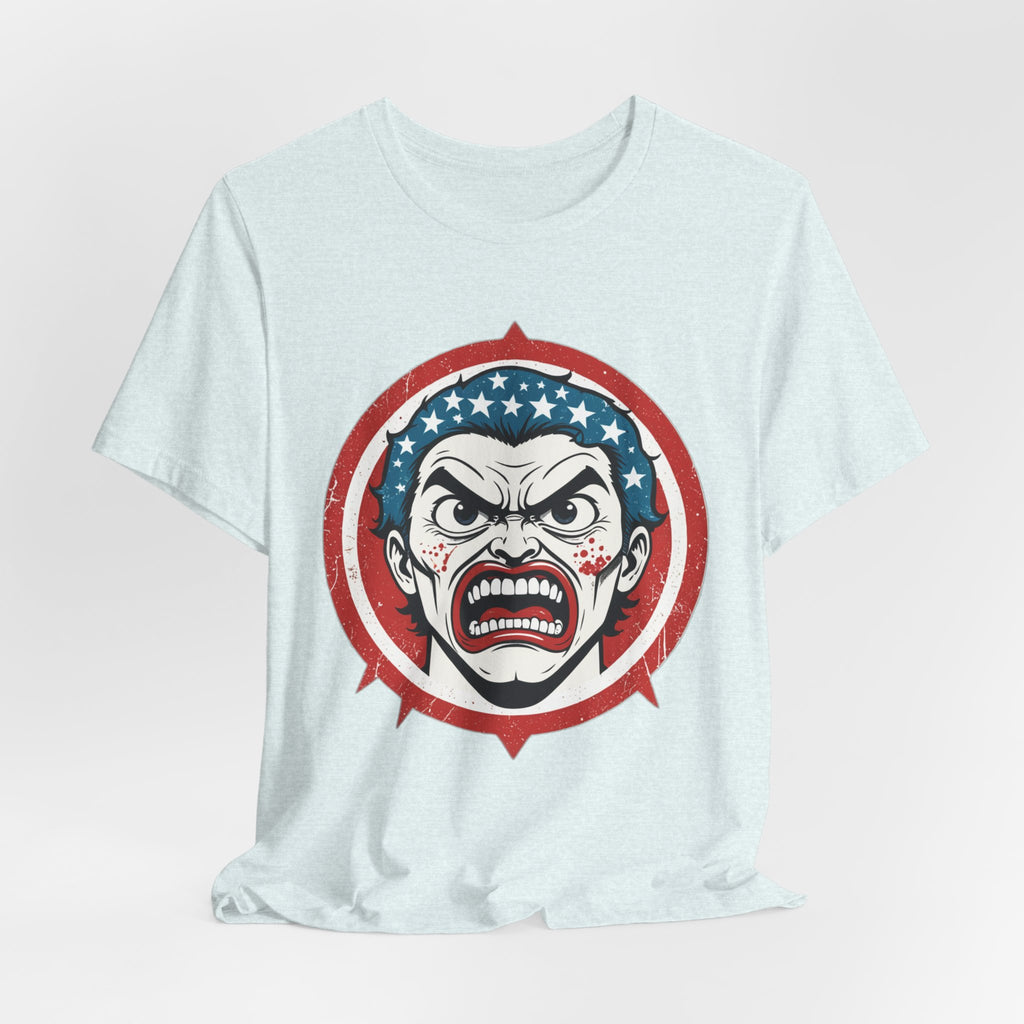 Furious American Patriot T-Shirt - Edgy Comic Style Graphic Tee - Bold Vintage Red White & Blue Design