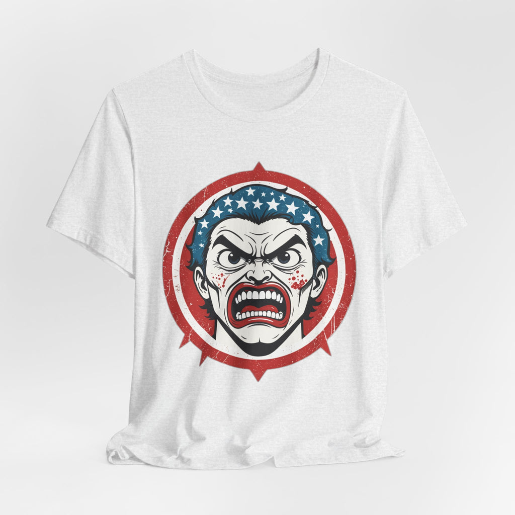 Furious American Patriot T-Shirt - Edgy Comic Style Graphic Tee - Bold Vintage Red White & Blue Design