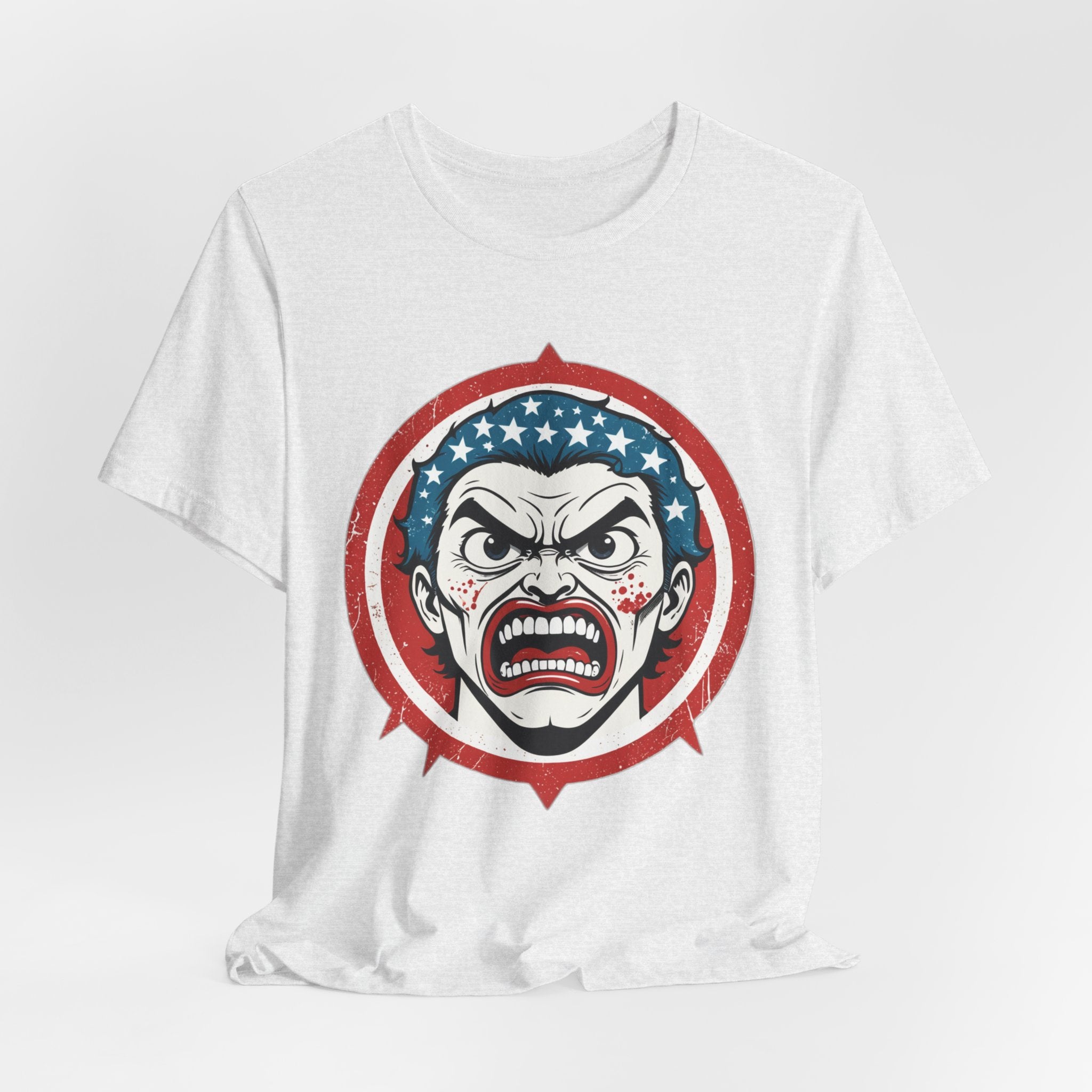 Furious American Patriot T-Shirt - Edgy Comic Style Graphic Tee - Bold Vintage Red White & Blue Design