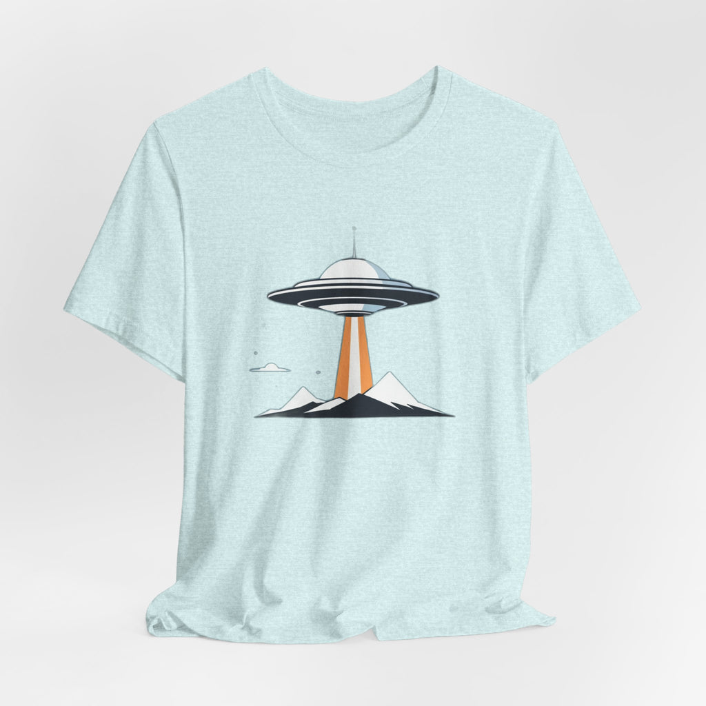 Retro UFO Flying Saucer Mountain T-Shirt - Minimalist Sci-Fi Alien Graphic Tee - Unique Outer Space Gift for Men & Women