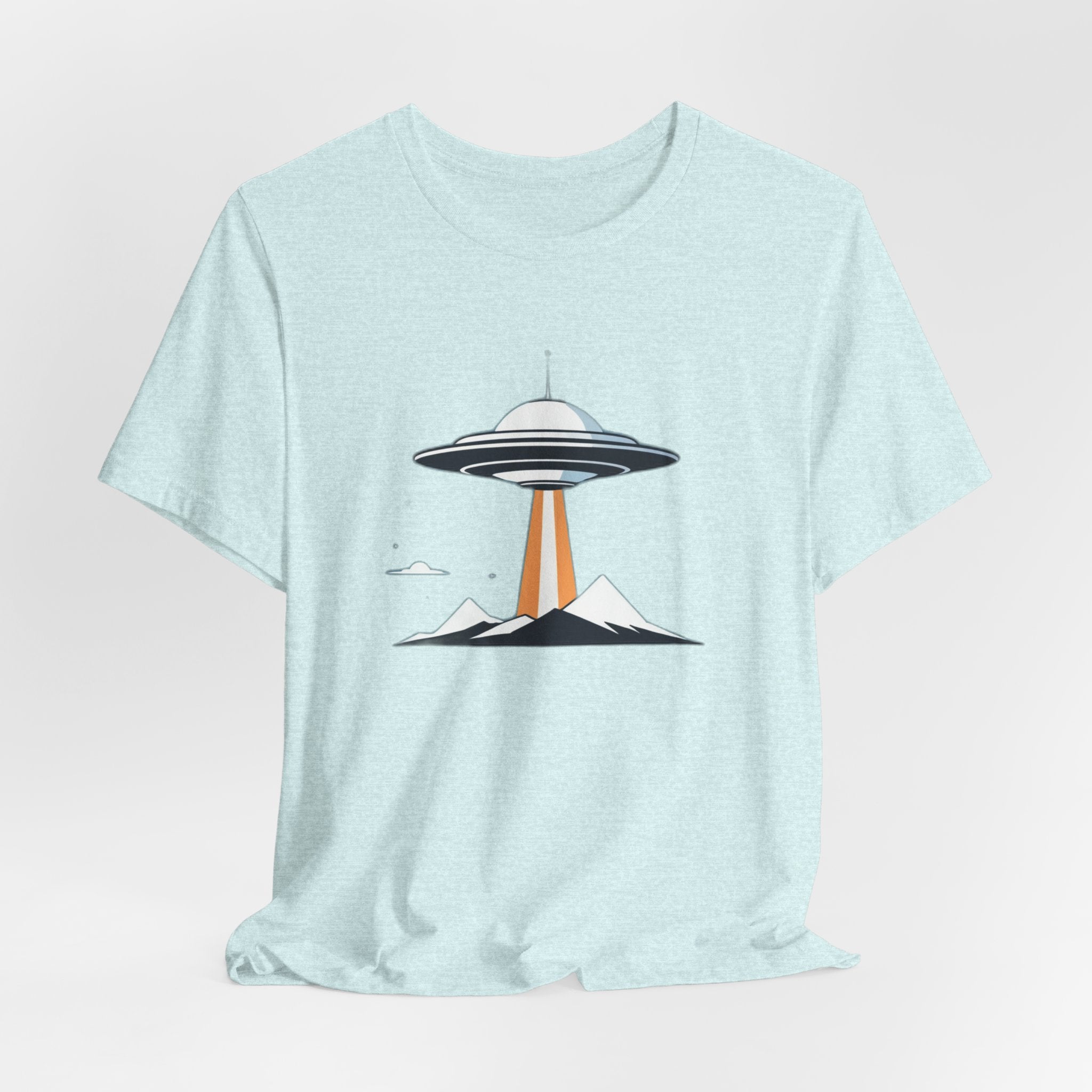 Retro UFO Flying Saucer Mountain T-Shirt - Minimalist Sci-Fi Alien Graphic Tee - Unique Outer Space Gift for Men & Women