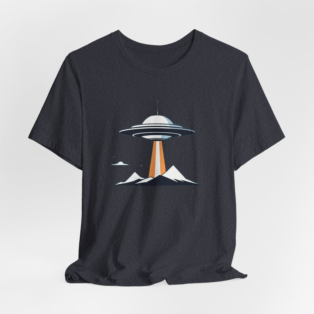 Retro UFO Flying Saucer Mountain T-Shirt - Minimalist Sci-Fi Alien Graphic Tee - Unique Outer Space Gift for Men & Women