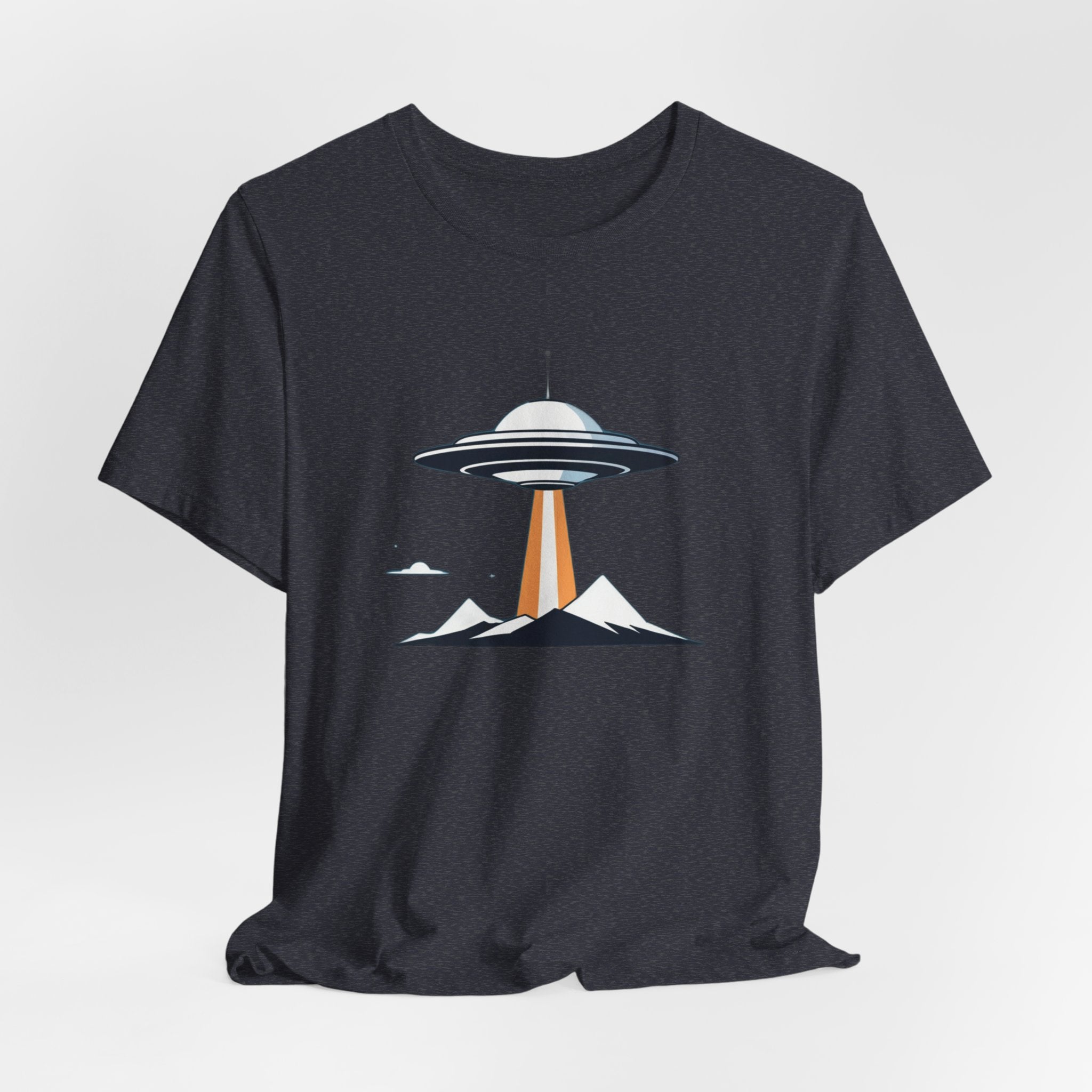 Retro UFO Flying Saucer Mountain T-Shirt - Minimalist Sci-Fi Alien Graphic Tee - Unique Outer Space Gift for Men & Women