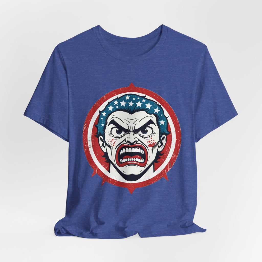 Furious American Patriot T-Shirt - Edgy Comic Style Graphic Tee - Bold Vintage Red White & Blue Design