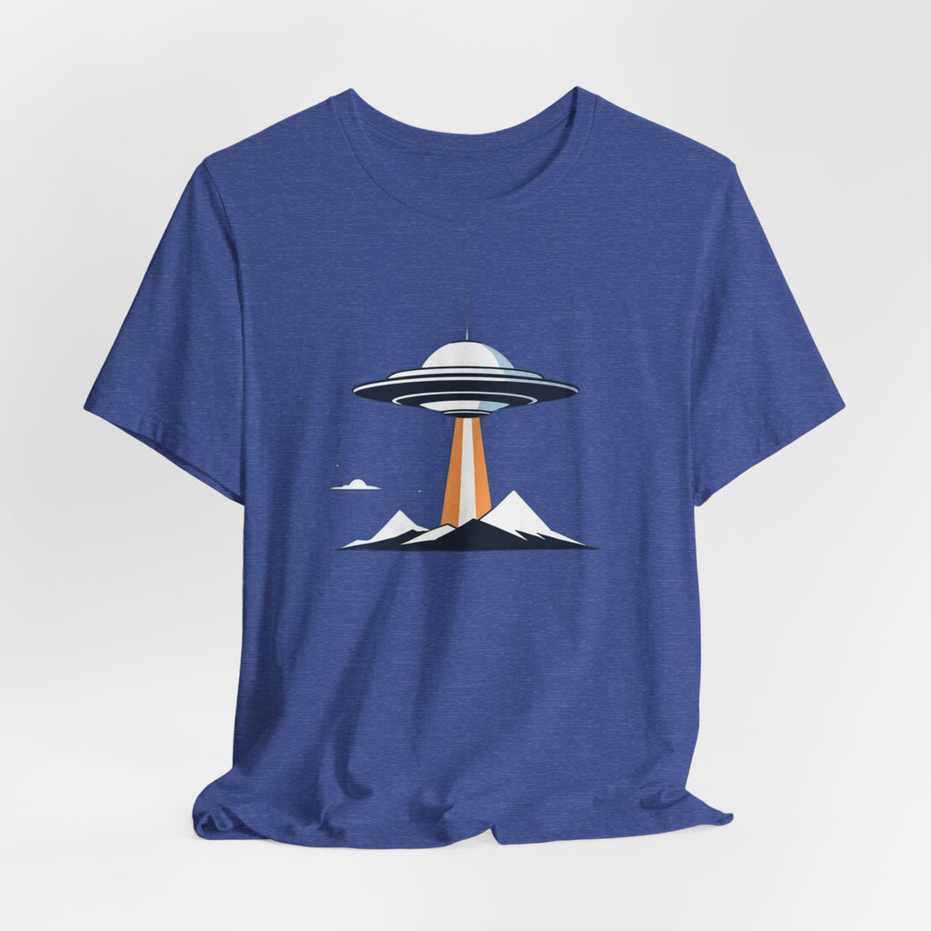 Retro UFO Flying Saucer Mountain T-Shirt - Minimalist Sci-Fi Alien Graphic Tee - Unique Outer Space Gift for Men & Women