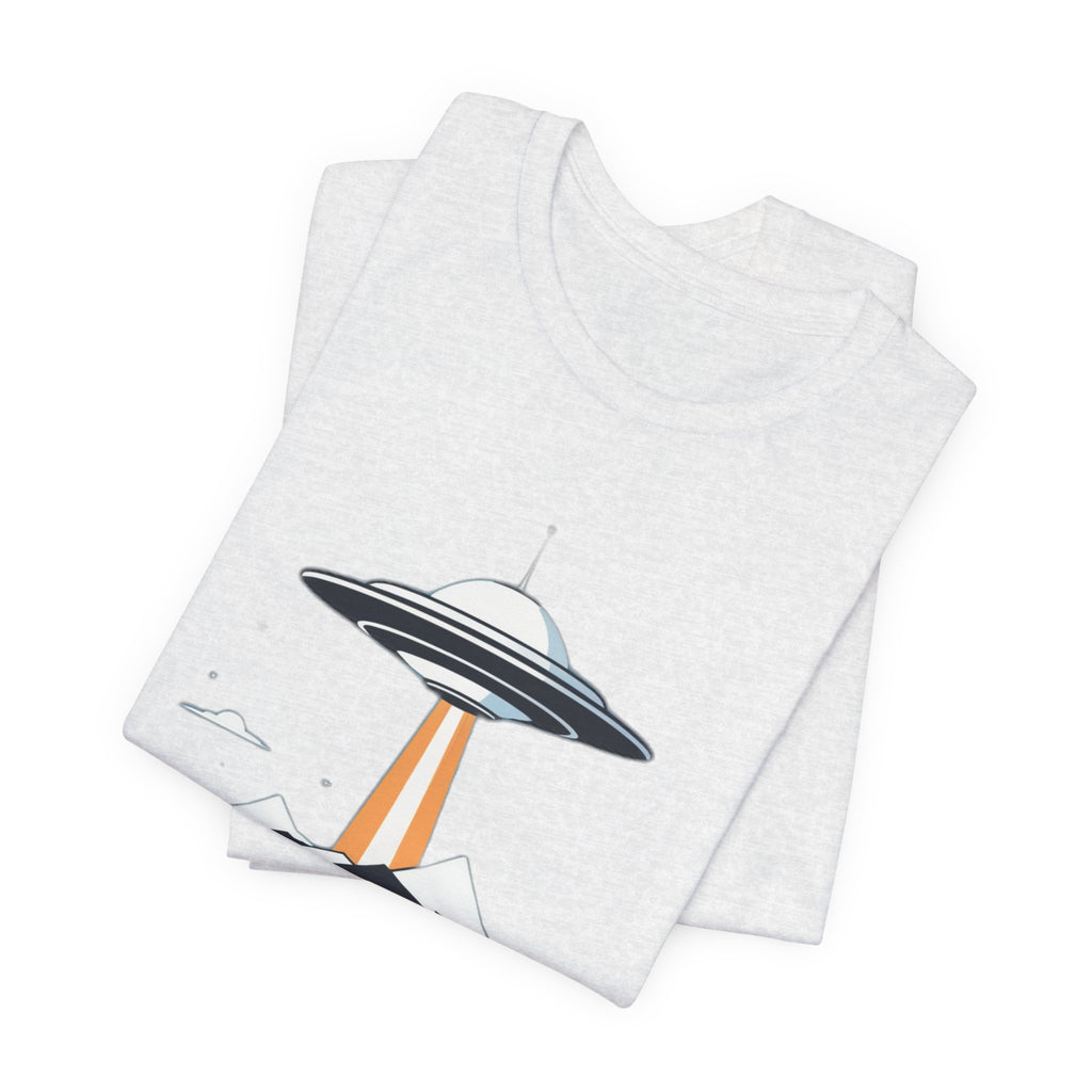 Retro UFO Flying Saucer Mountain T-Shirt - Minimalist Sci-Fi Alien Graphic Tee - Unique Outer Space Gift for Men & Women