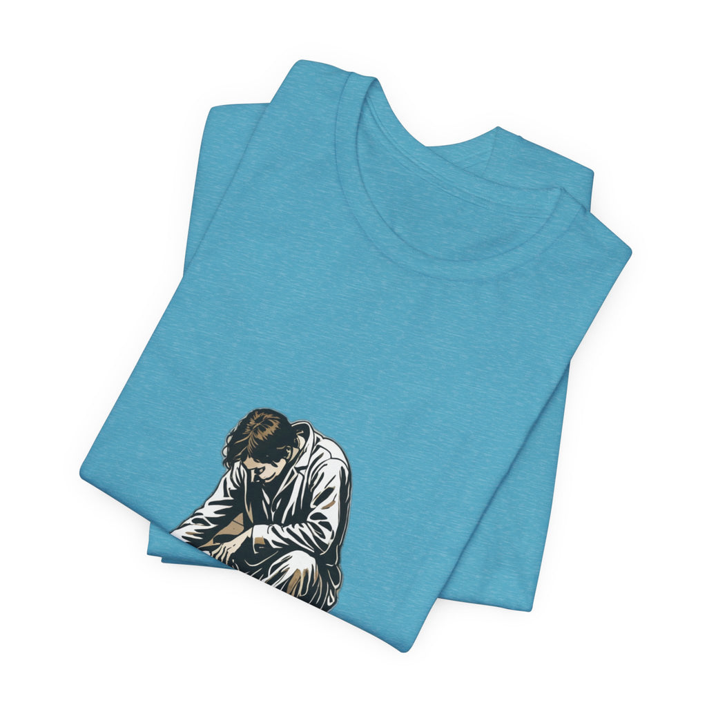 Jesus Writing in the Dust Graphic T-Shirt - Artistic Biblical John 8:7 Sketch Tee - Contemplative Christian Gift for Men and Women