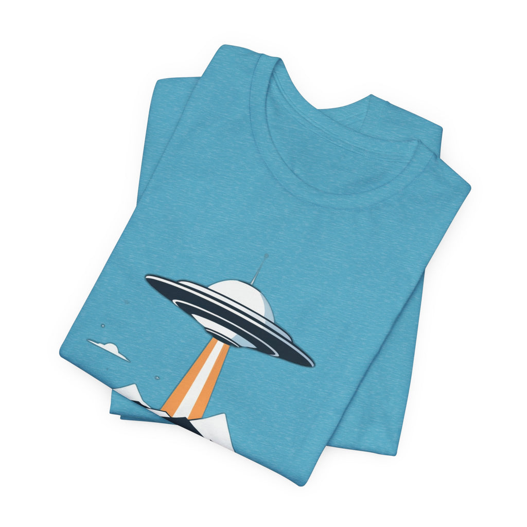 Retro UFO Flying Saucer Mountain T-Shirt - Minimalist Sci-Fi Alien Graphic Tee - Unique Outer Space Gift for Men & Women
