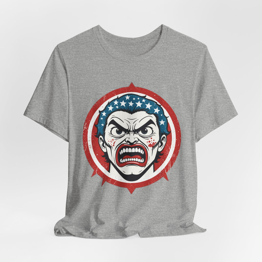 Furious American Patriot T-Shirt - Edgy Comic Style Graphic Tee - Bold Vintage Red White & Blue Design