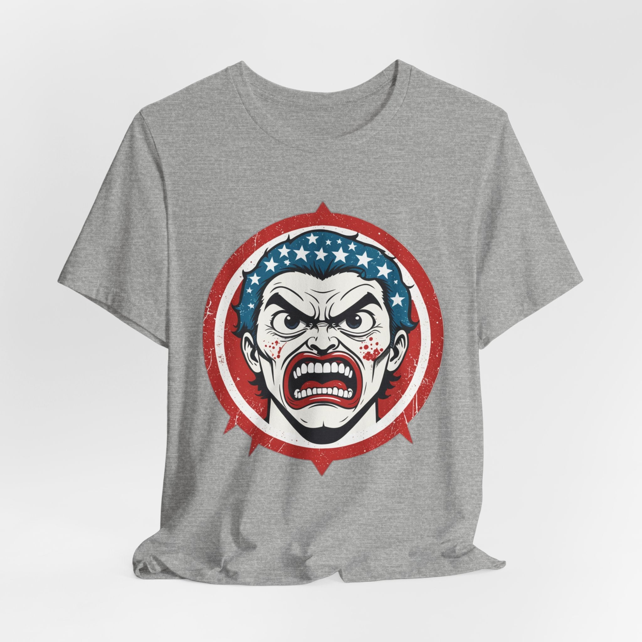 Furious American Patriot T-Shirt - Edgy Comic Style Graphic Tee - Bold Vintage Red White & Blue Design