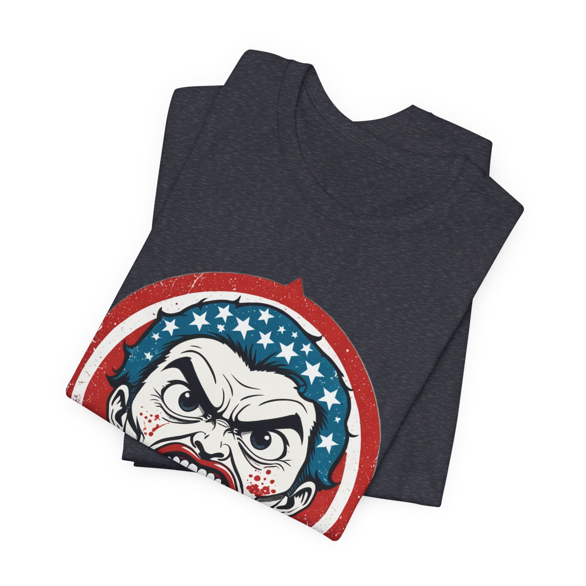 Furious American Patriot T-Shirt - Edgy Comic Style Graphic Tee - Bold Vintage Red White & Blue Design