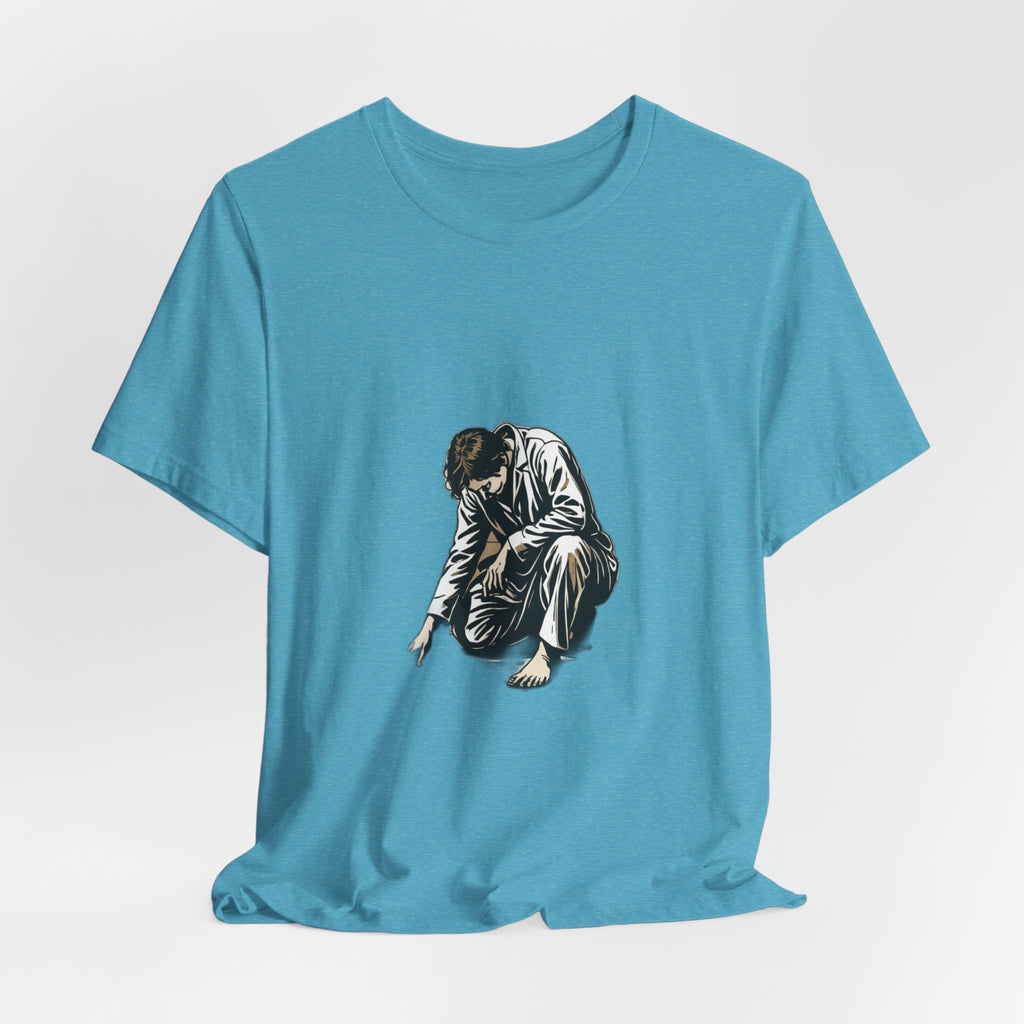 Jesus Writing in the Dust Graphic T-Shirt - Artistic Biblical John 8:7 Sketch Tee - Contemplative Christian Gift for Men and Women