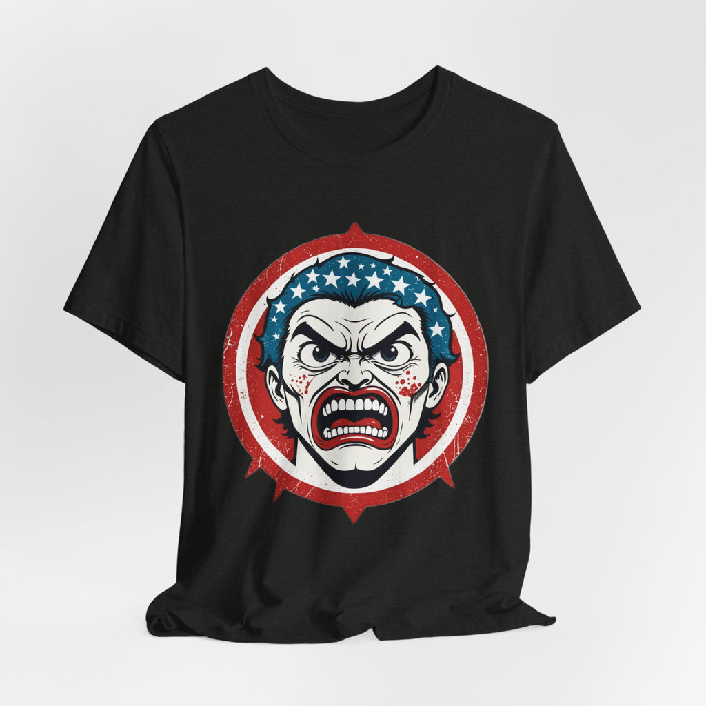 Furious American Patriot T-Shirt - Edgy Comic Style Graphic Tee - Bold Vintage Red White & Blue Design
