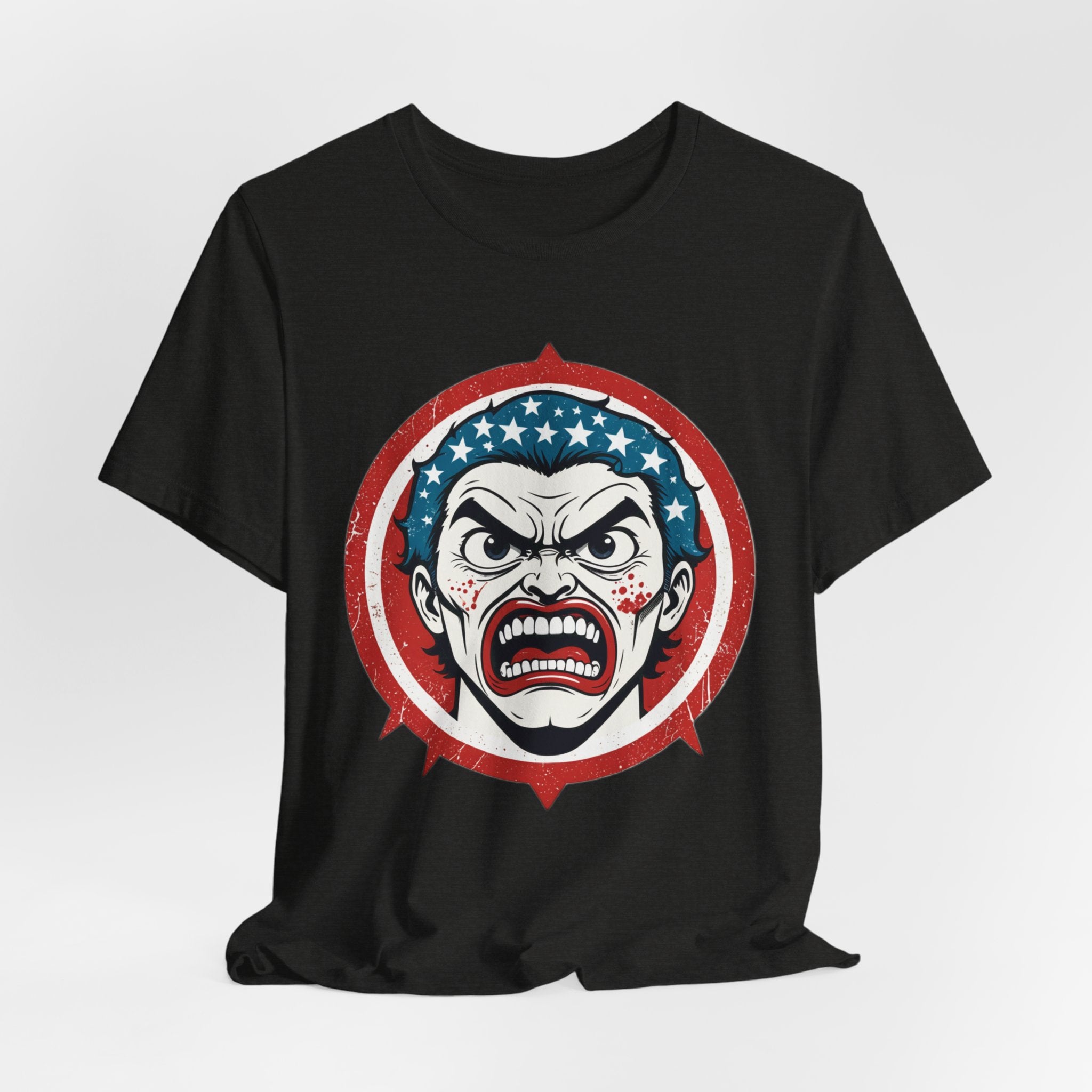 Furious American Patriot T-Shirt - Edgy Comic Style Graphic Tee - Bold Vintage Red White & Blue Design