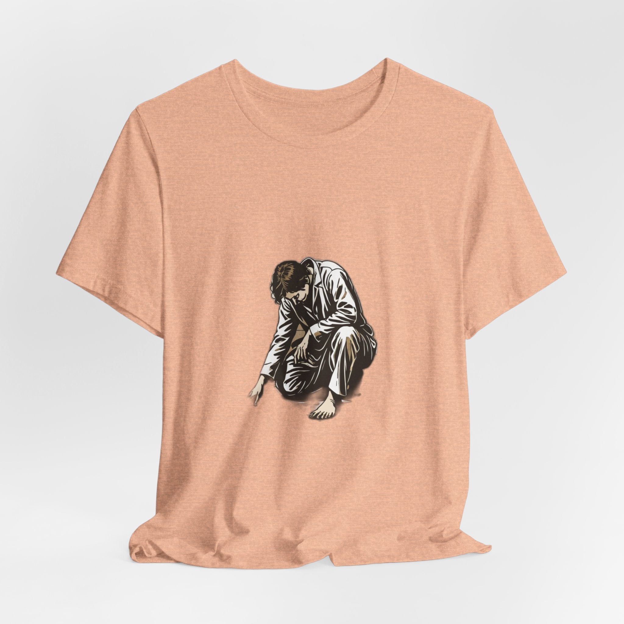 Jesus Writing in the Dust Graphic T-Shirt - Artistic Biblical John 8:7 Sketch Tee - Contemplative Christian Gift for Men and Women