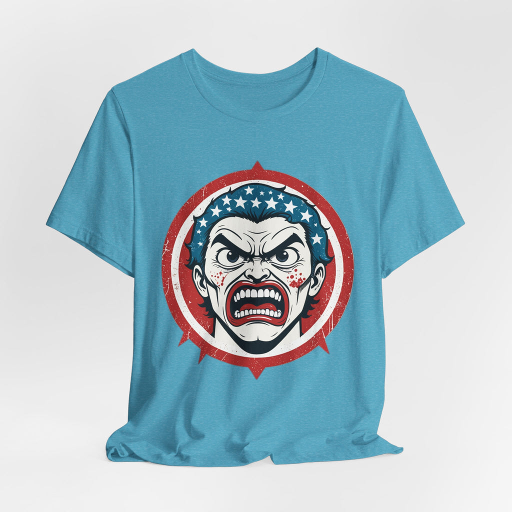 Furious American Patriot T-Shirt - Edgy Comic Style Graphic Tee - Bold Vintage Red White & Blue Design
