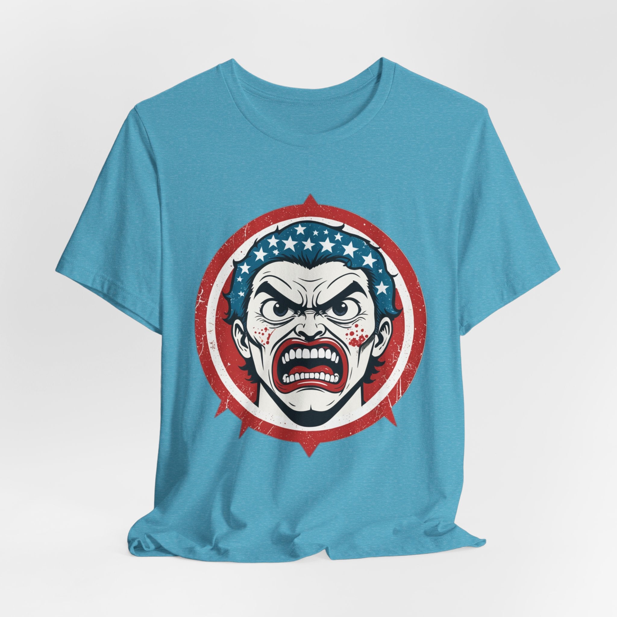 Furious American Patriot T-Shirt - Edgy Comic Style Graphic Tee - Bold Vintage Red White & Blue Design