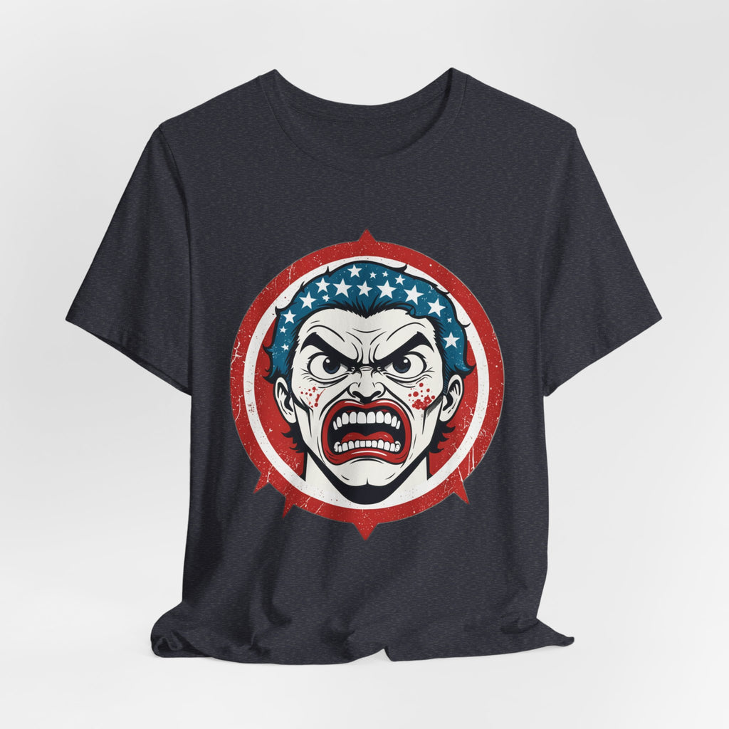 Furious American Patriot T-Shirt - Edgy Comic Style Graphic Tee - Bold Vintage Red White & Blue Design