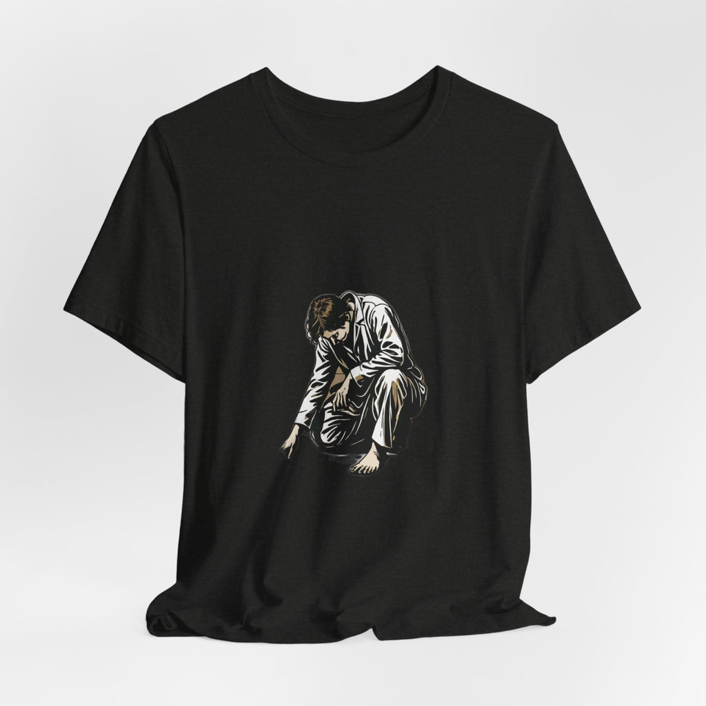 Jesus Writing in the Dust Graphic T-Shirt - Artistic Biblical John 8:7 Sketch Tee - Contemplative Christian Gift for Men and Women