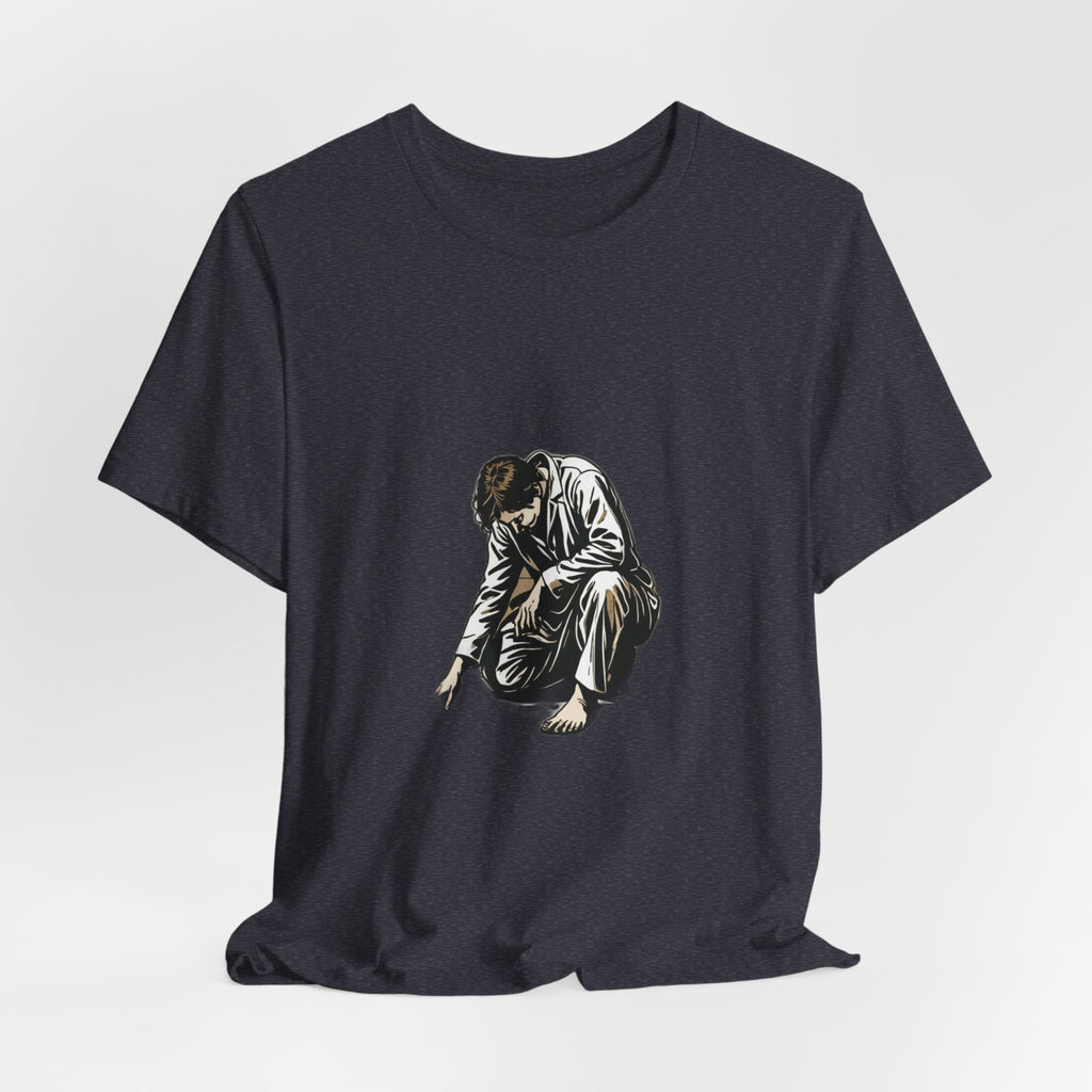 Jesus Writing in the Dust Graphic T-Shirt - Artistic Biblical John 8:7 Sketch Tee - Contemplative Christian Gift for Men and Women
