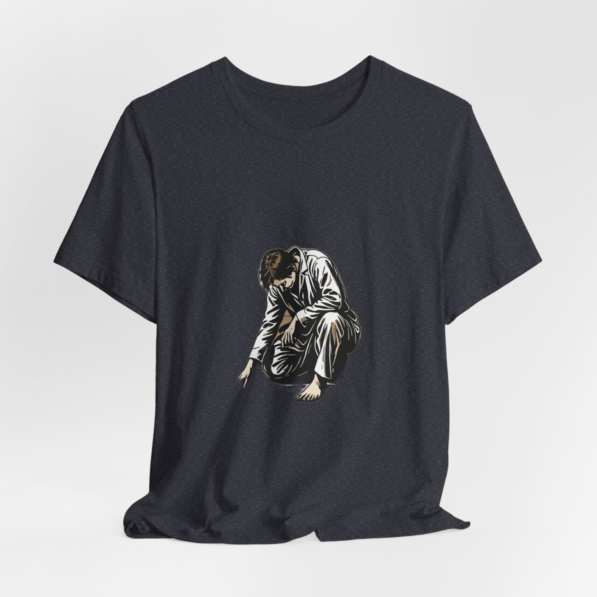 Jesus Writing in the Dust Graphic T-Shirt - Artistic Biblical John 8:7 Sketch Tee - Contemplative Christian Gift for Men and Women