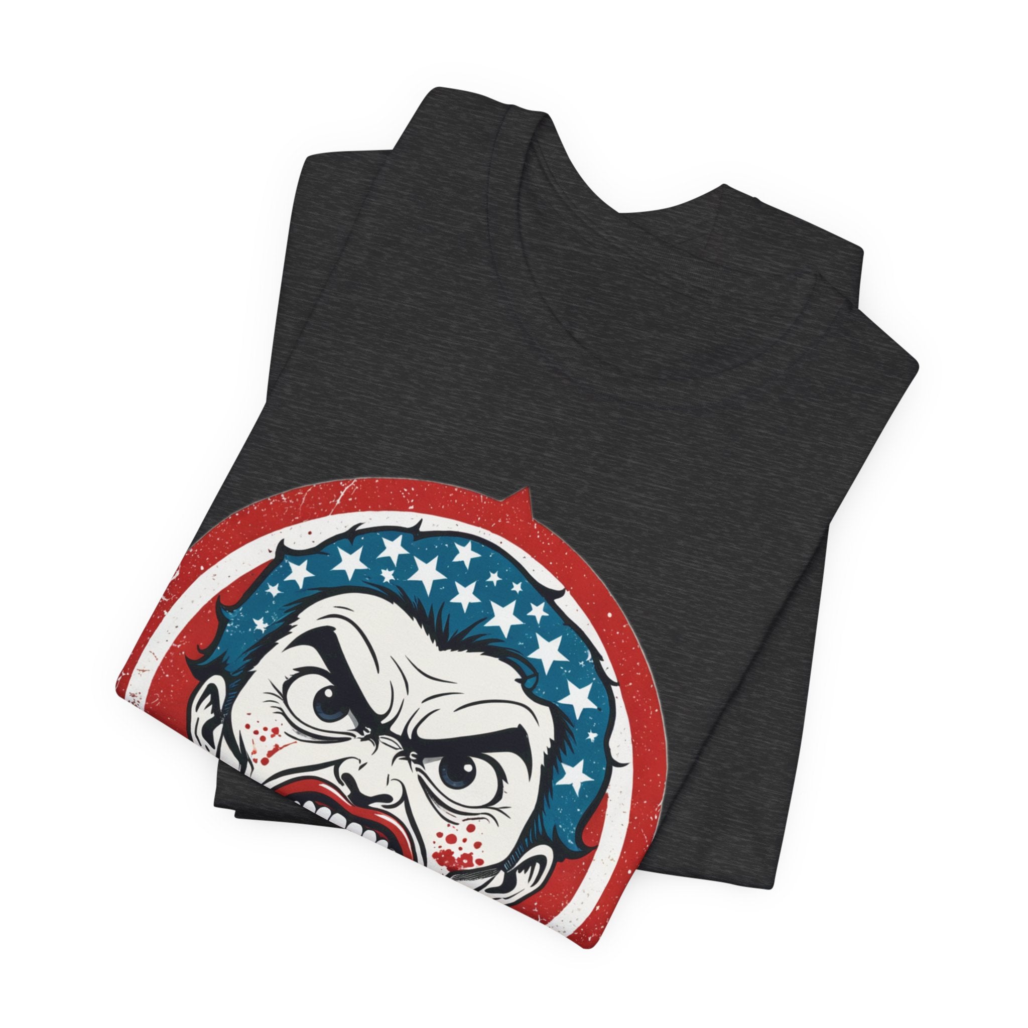Furious American Patriot T-Shirt - Edgy Comic Style Graphic Tee - Bold Vintage Red White & Blue Design