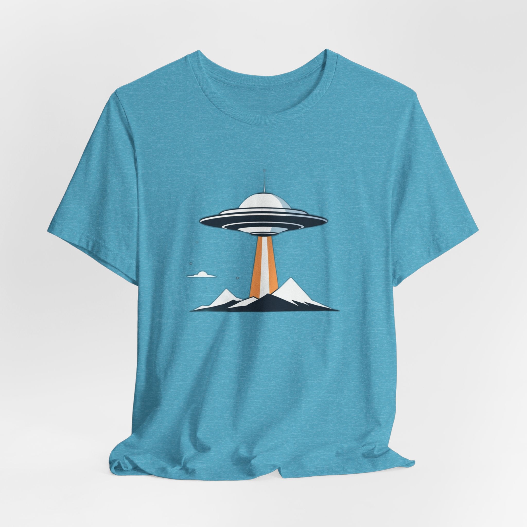 Retro UFO Flying Saucer Mountain T-Shirt - Minimalist Sci-Fi Alien Graphic Tee - Unique Outer Space Gift for Men & Women