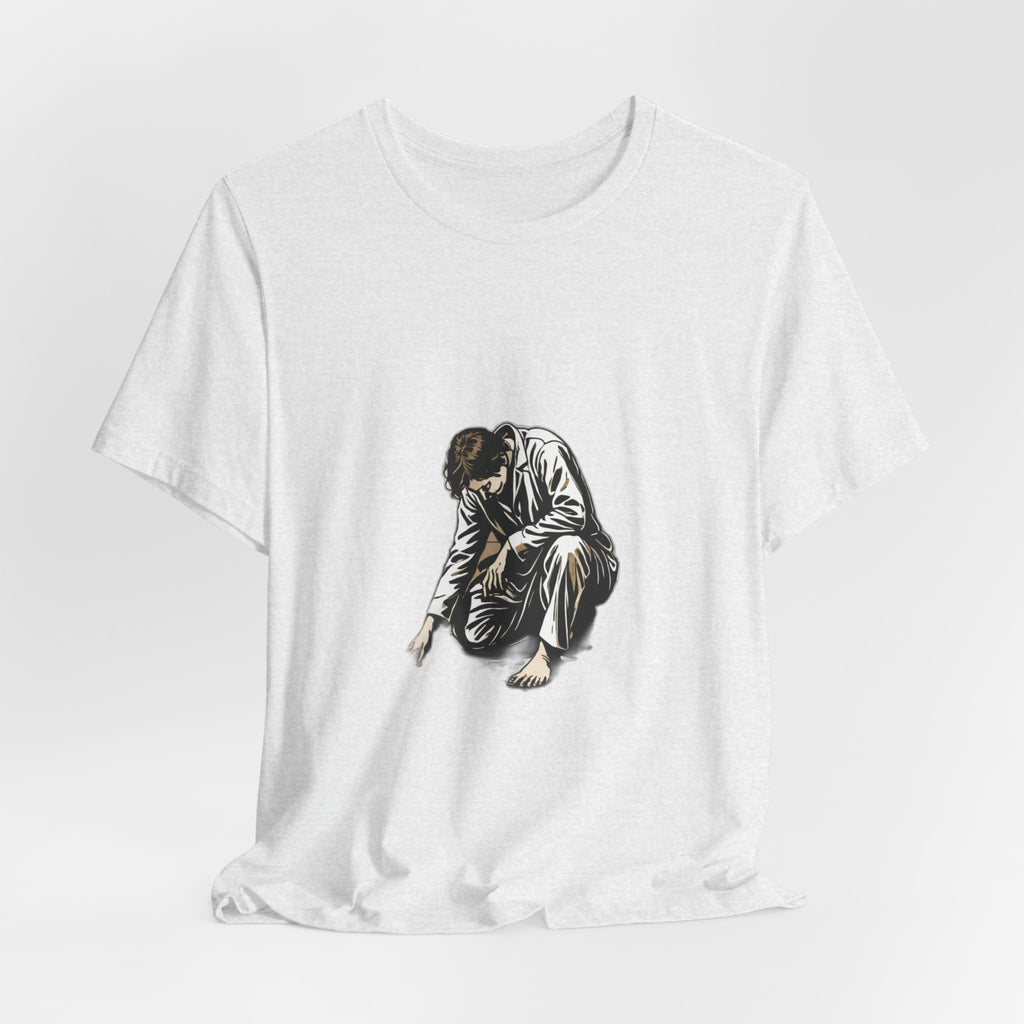 Jesus Writing in the Dust Graphic T-Shirt - Artistic Biblical John 8:7 Sketch Tee - Contemplative Christian Gift for Men and Women