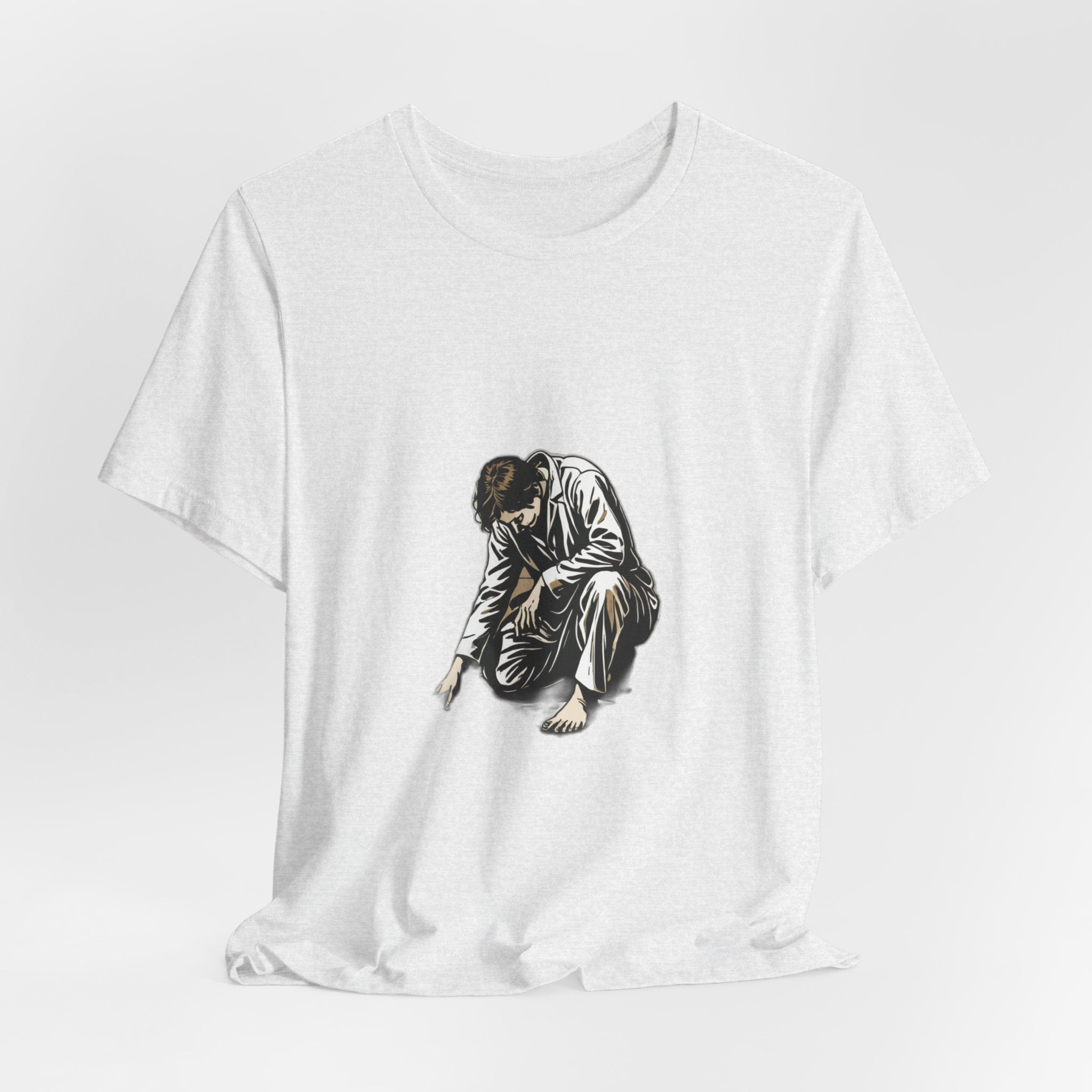 Jesus Writing in the Dust Graphic T-Shirt - Artistic Biblical John 8:7 Sketch Tee - Contemplative Christian Gift for Men and Women