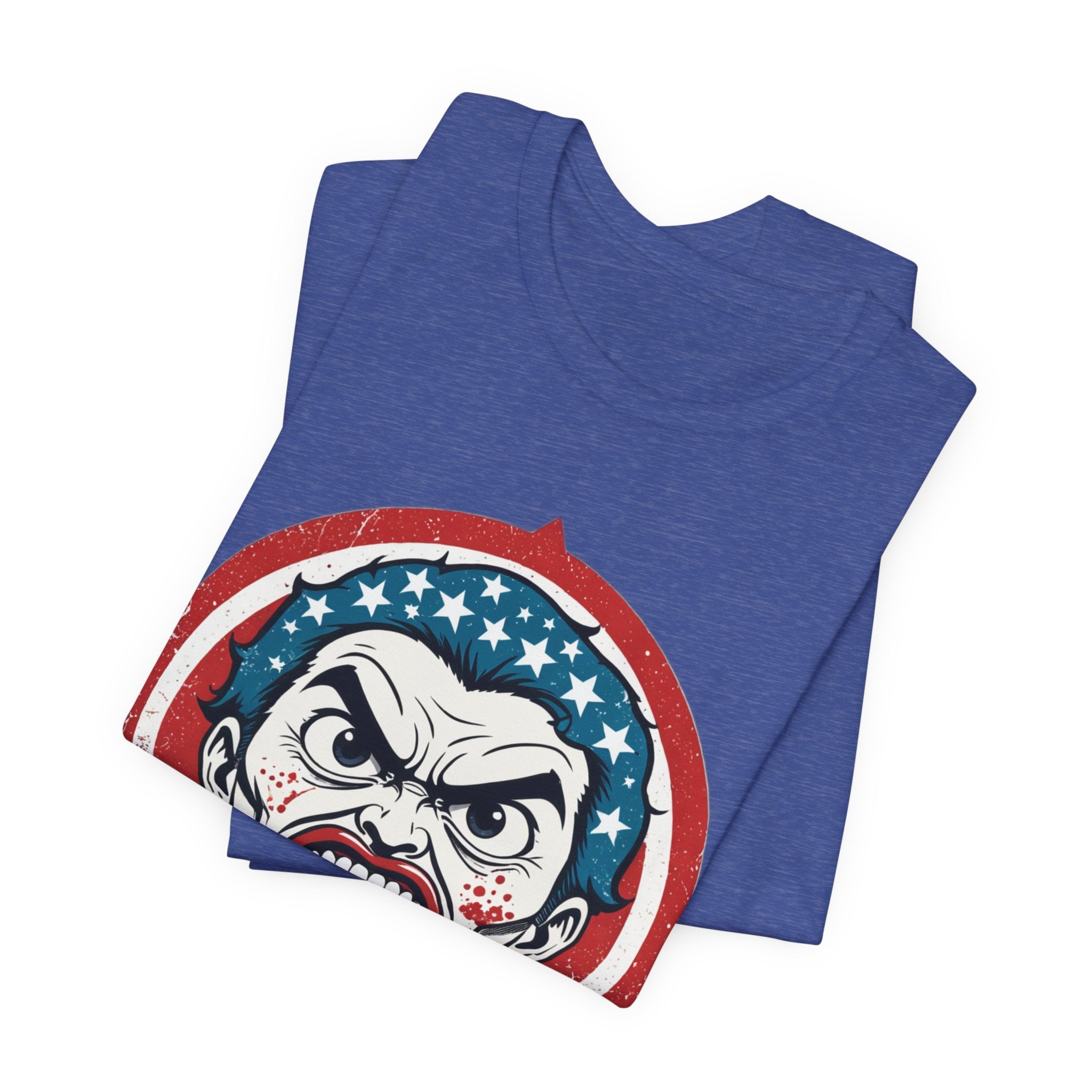 Furious American Patriot T-Shirt - Edgy Comic Style Graphic Tee - Bold Vintage Red White & Blue Design