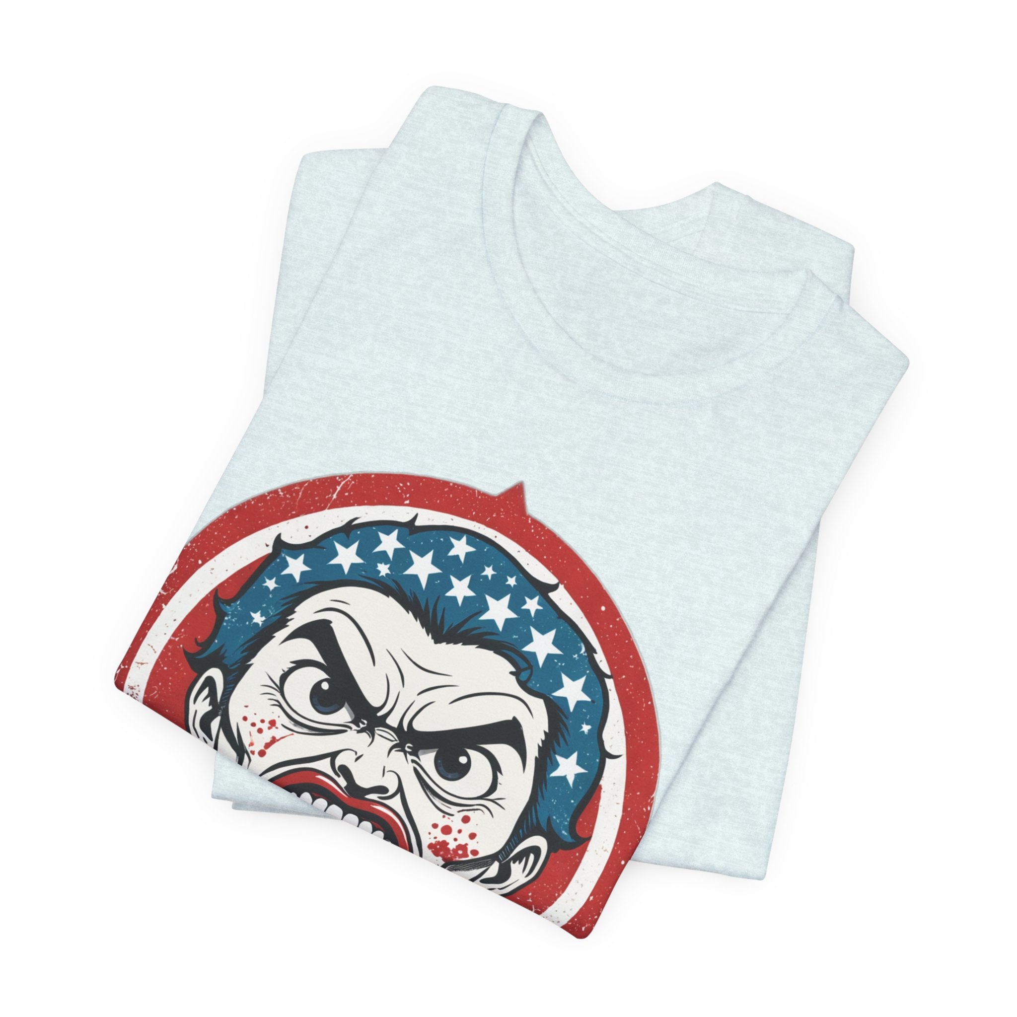 Furious American Patriot T-Shirt - Edgy Comic Style Graphic Tee - Bold Vintage Red White & Blue Design