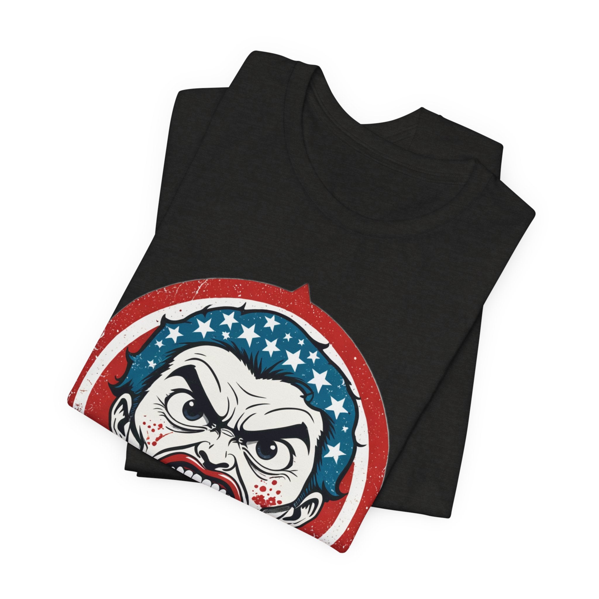 Furious American Patriot T-Shirt - Edgy Comic Style Graphic Tee - Bold Vintage Red White & Blue Design