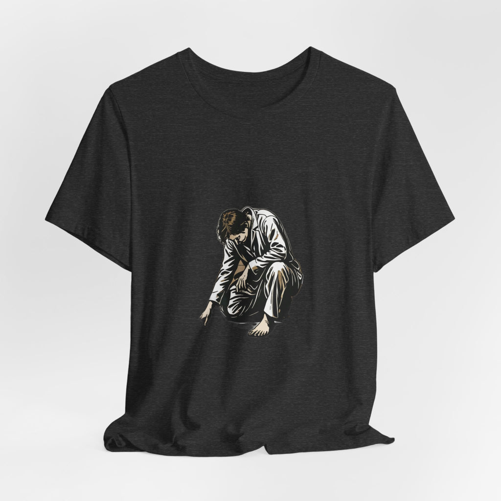 Jesus Writing in the Dust Graphic T-Shirt - Artistic Biblical John 8:7 Sketch Tee - Contemplative Christian Gift for Men and Women