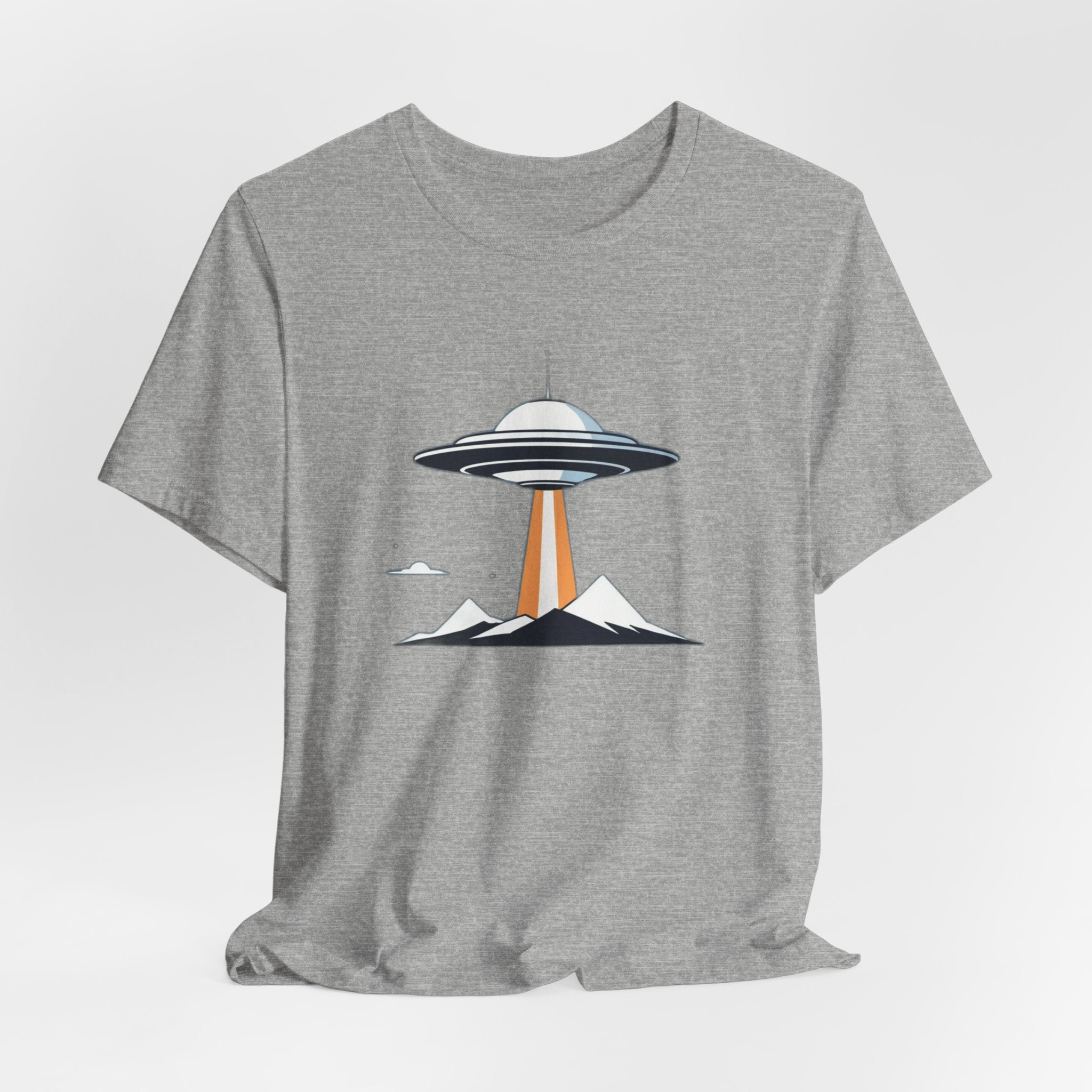 Retro UFO Flying Saucer Mountain T-Shirt - Minimalist Sci-Fi Alien Graphic Tee - Unique Outer Space Gift for Men & Women