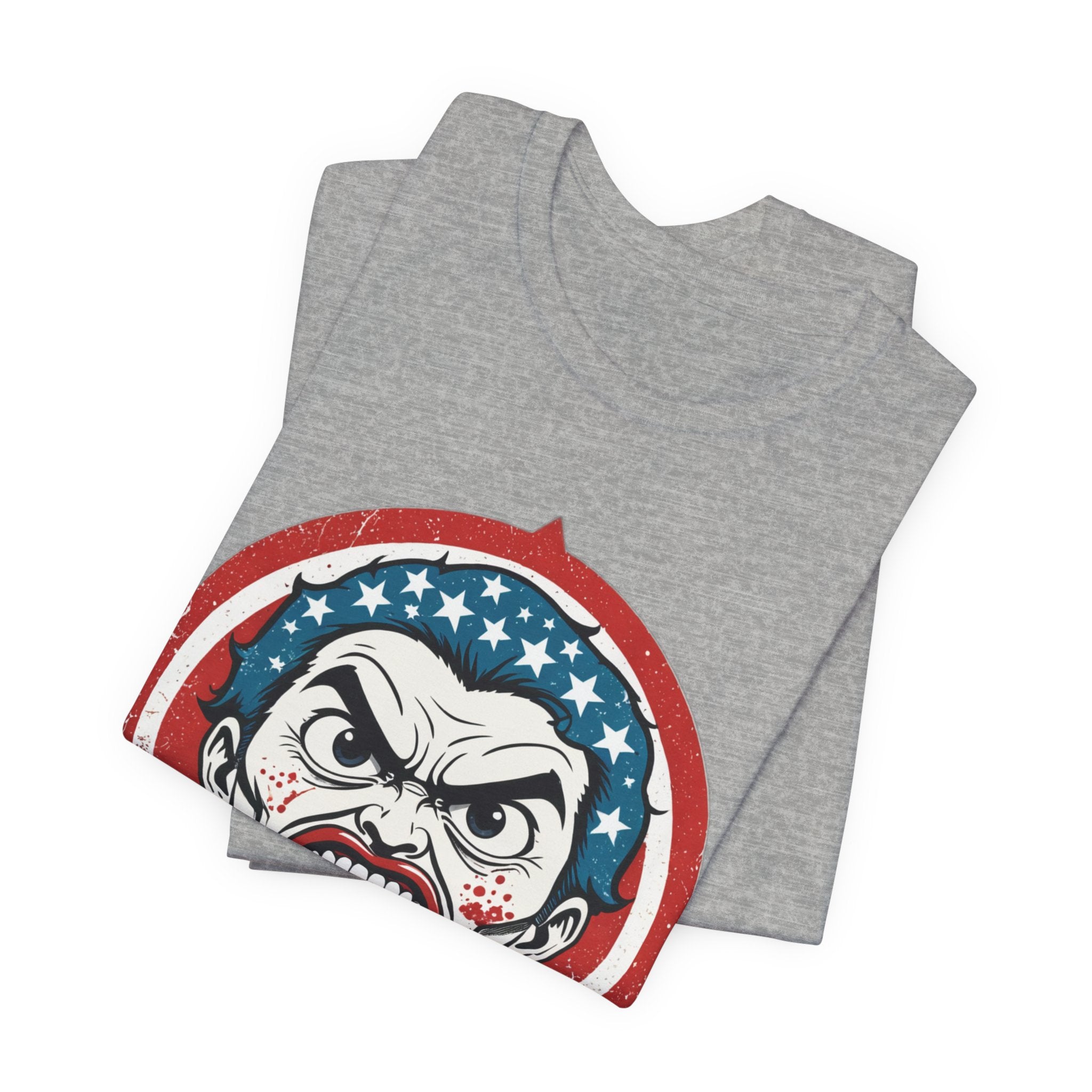 Furious American Patriot T-Shirt - Edgy Comic Style Graphic Tee - Bold Vintage Red White & Blue Design