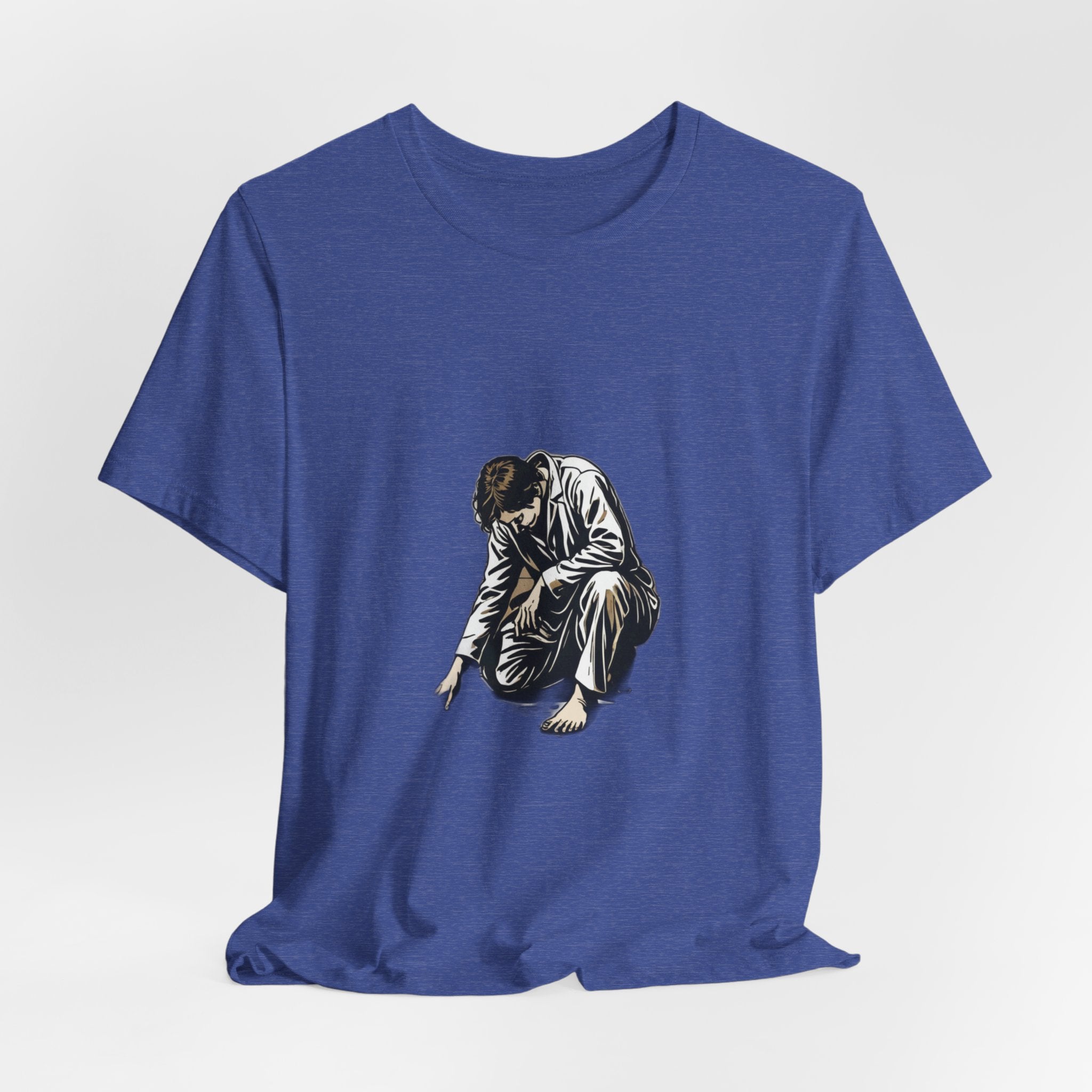 Jesus Writing in the Dust Graphic T-Shirt - Artistic Biblical John 8:7 Sketch Tee - Contemplative Christian Gift for Men and Women