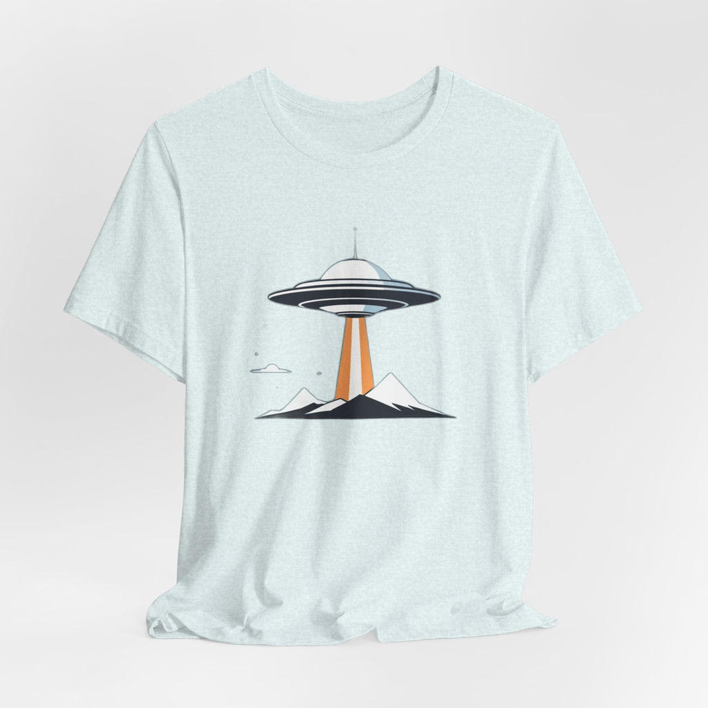 Retro UFO Flying Saucer Mountain T-Shirt - Minimalist Sci-Fi Alien Graphic Tee - Unique Outer Space Gift for Men & Women